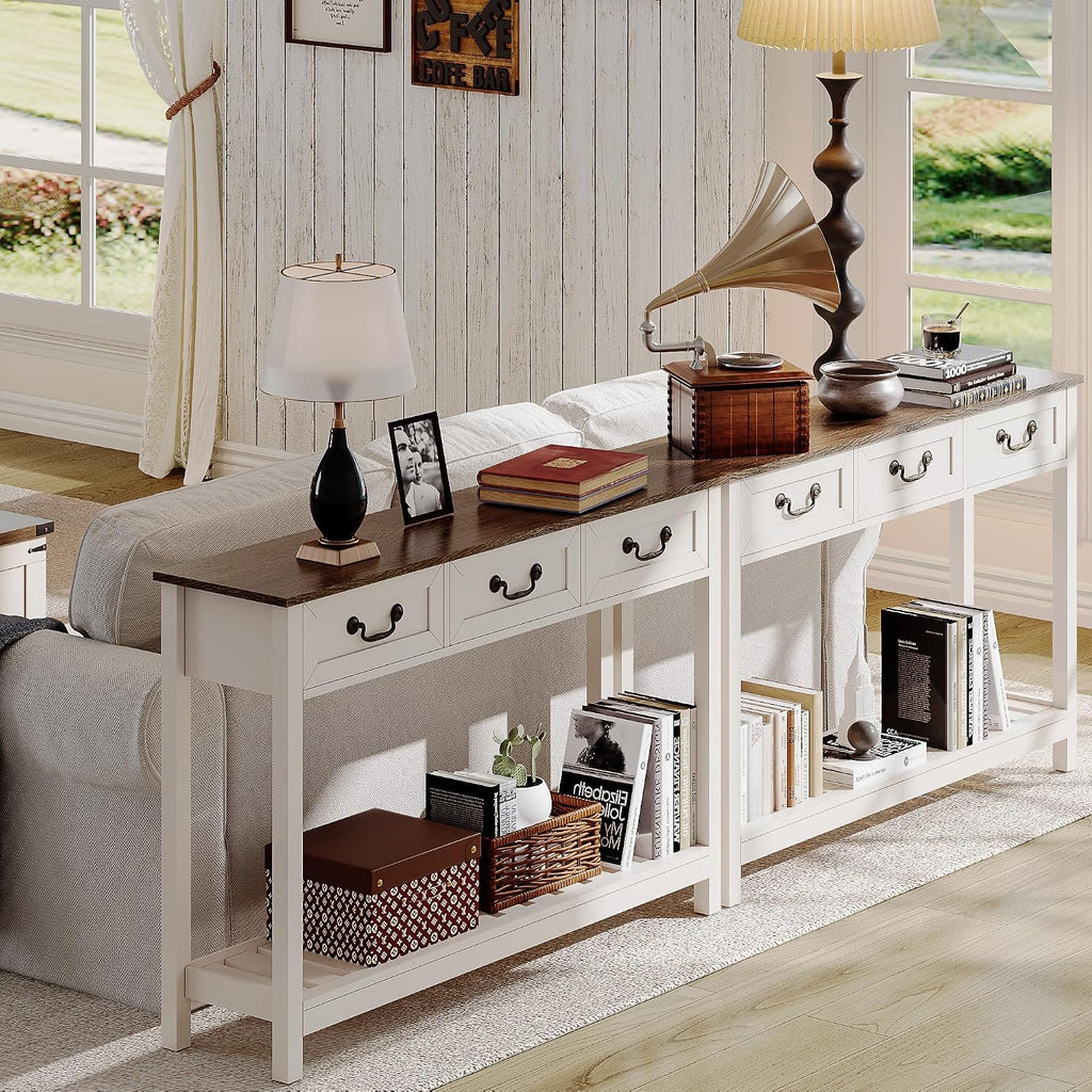 ChooChoo 47' Farmhouse Console Table with 3 Drawers, Rustic Entryway Table, Narrow Long Sofa Table for Living Room, Hallway, Behind Couch, Soft White and Brown