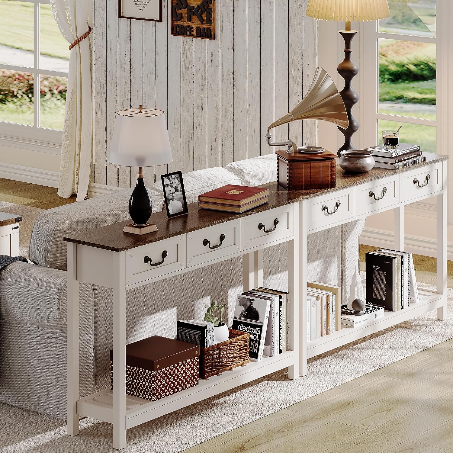 ChooChoo 47' Farmhouse Console Table with 3 Drawers, Rustic Entryway Table, Narrow Long Sofa Table for Living Room, Hallway, Behind Couch, Soft White and Brown