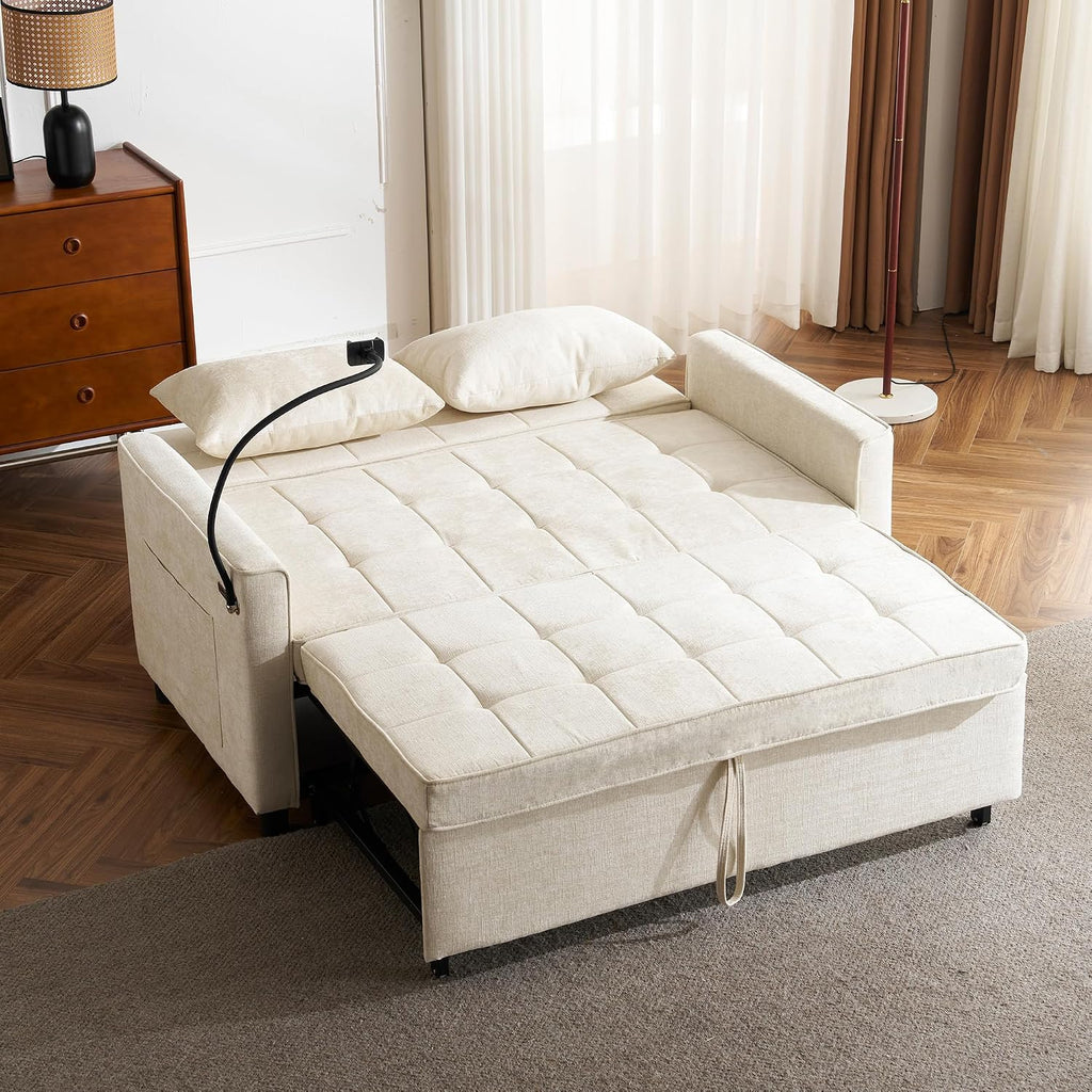 3 in 1 Convertible Sleeper Sofa Bed, 56.9' Small Pull Out Couch Bed with Adjustable Backrest, Chenille Loveseat Couches with Side Pocket, USB Ports&Phone Holder for Small Places (Beige)