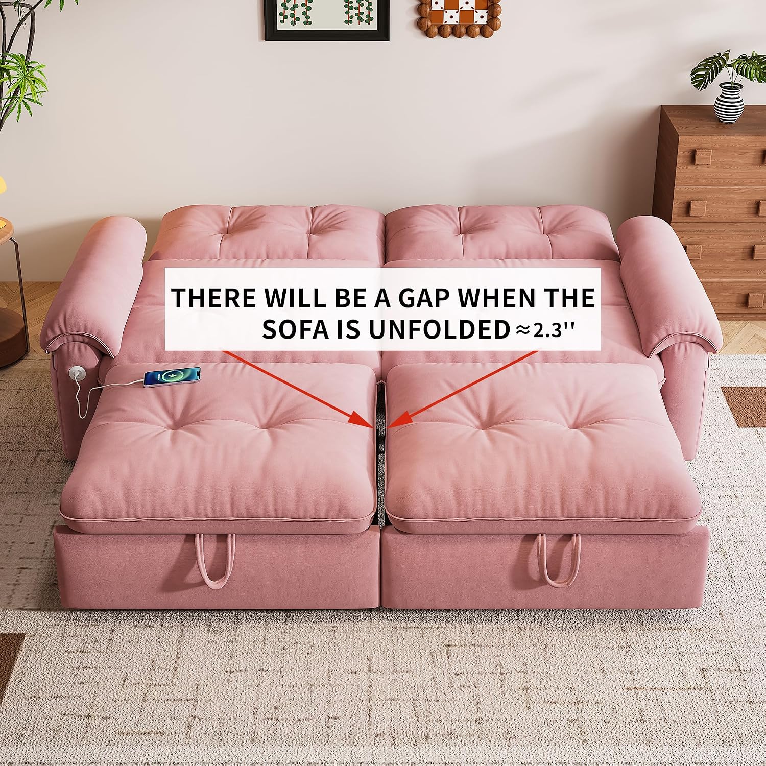 77' Queen Size Sofa Bed, Loveseat Sleeper Sofa with Pull Out Bed, Pockets and USB, Modern 2 Seater Convertible Small Couch for Living Room Bedroom Apartment, Pink
