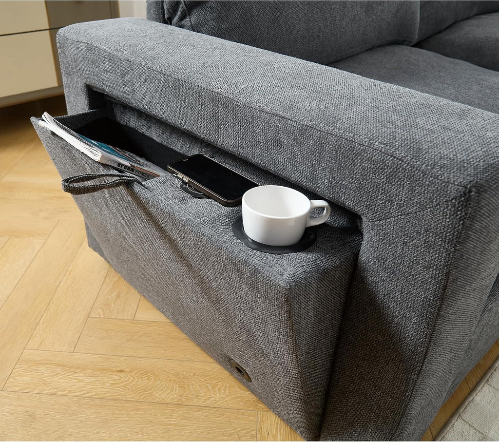 Modular Sectional Couch, L-Shaped Sectional Sofa Chaise with Dual USB-C Charging & Cup Holders, Modern 5 Seat Couches for Living Room with Storage & Armrests, Soft Linen Fabric, Grey