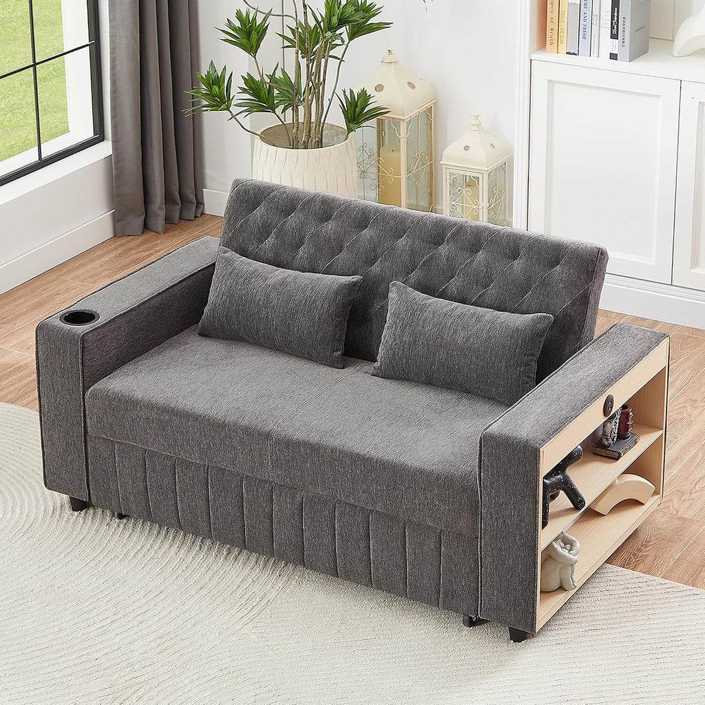 Merax Pull-Out Sleeper Sofa Bed with Reversible Backrest and Two Throw Pillows, 3 in 1 Foton Couch with USB Ports & Cup Holder, Chenille Loveseat with Storage Shelves for Living Room, Grey