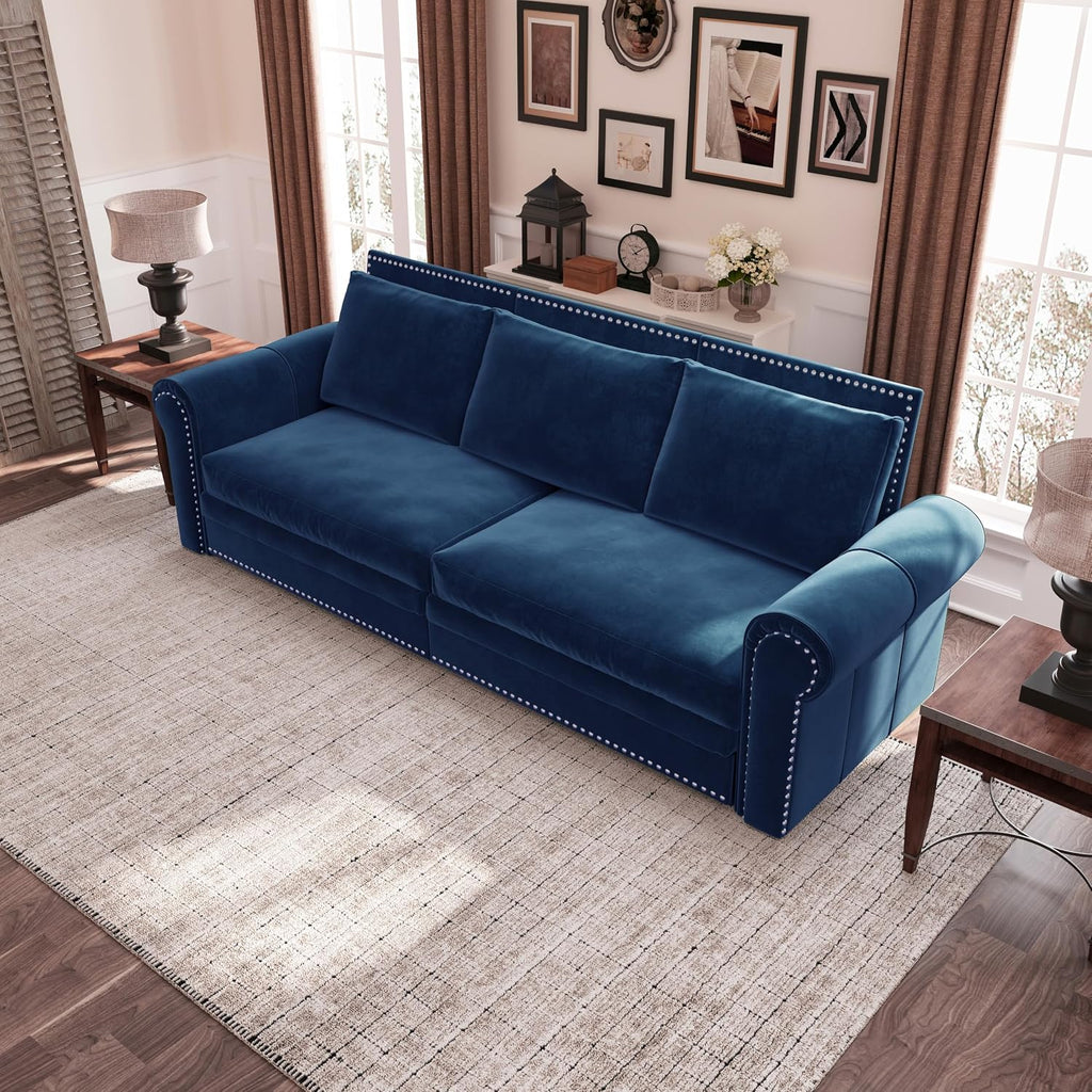 93.7' King Size Sofa Sleeper with Pull Out Bed, 3 in 1 Convertible Sleeper Sofa Bed, Velvet Folding Loveseat 3-Seater Couch with Deep Seat, Nailhead Trim & Rolled Arm for Living Room (Blue)