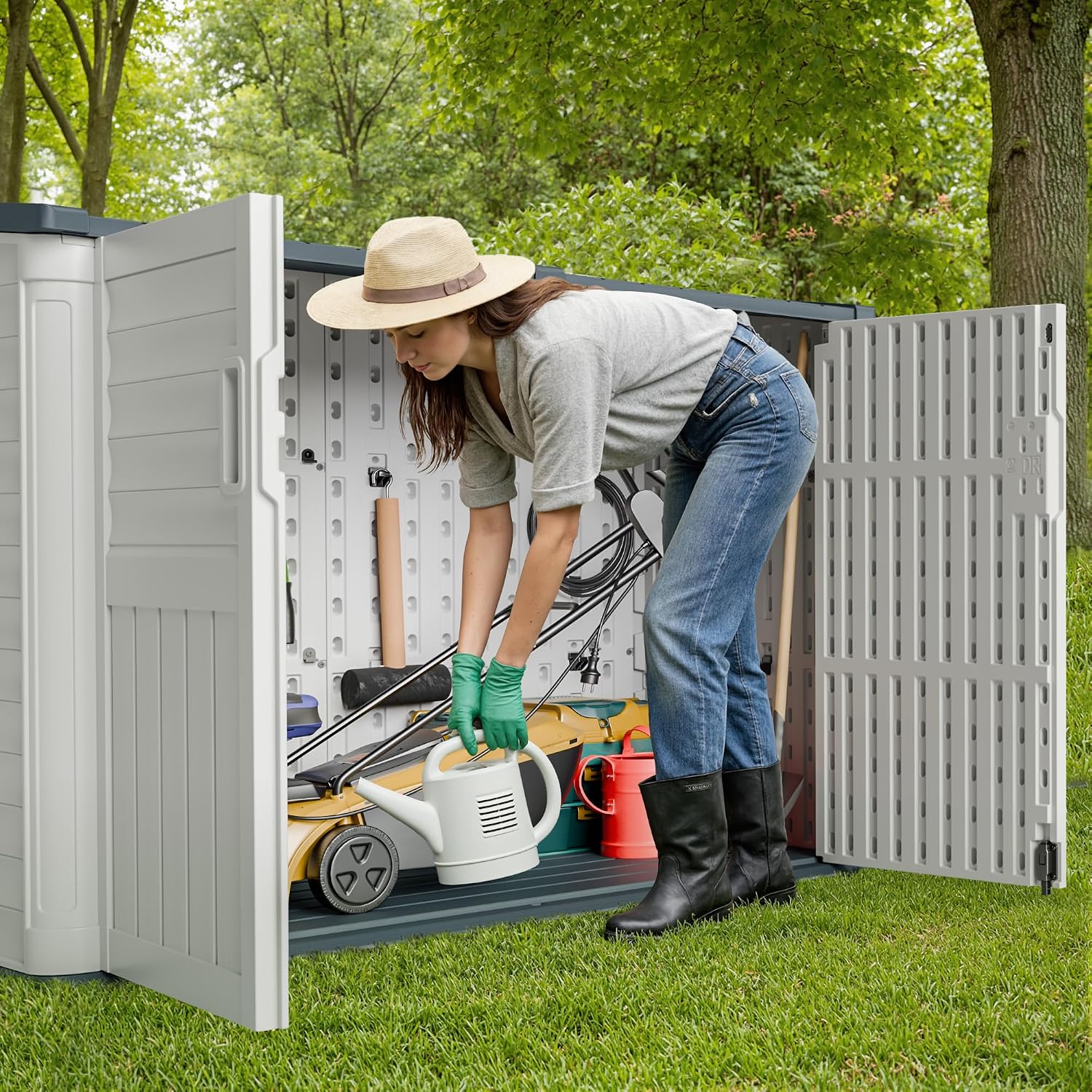 JUMMICO Resin Outdoor Storage Shed, 34 Cu Ft Horizontal Storage Cabinet for Trash Cans, Garden Tools, Pool Supplies (Beige)