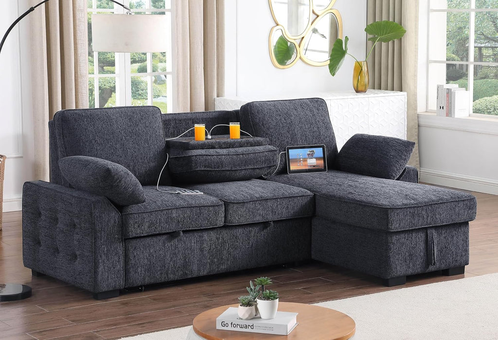 ERYE L-Shaped Pull Out Sleeper Sofa Bed, Modern Chenille Upholstered Button Tufted Corner Reversible Sleeper Sectional Sofa Couch with Storage Chaise, Drop-Down Table, Cup Holders and Charging Ports