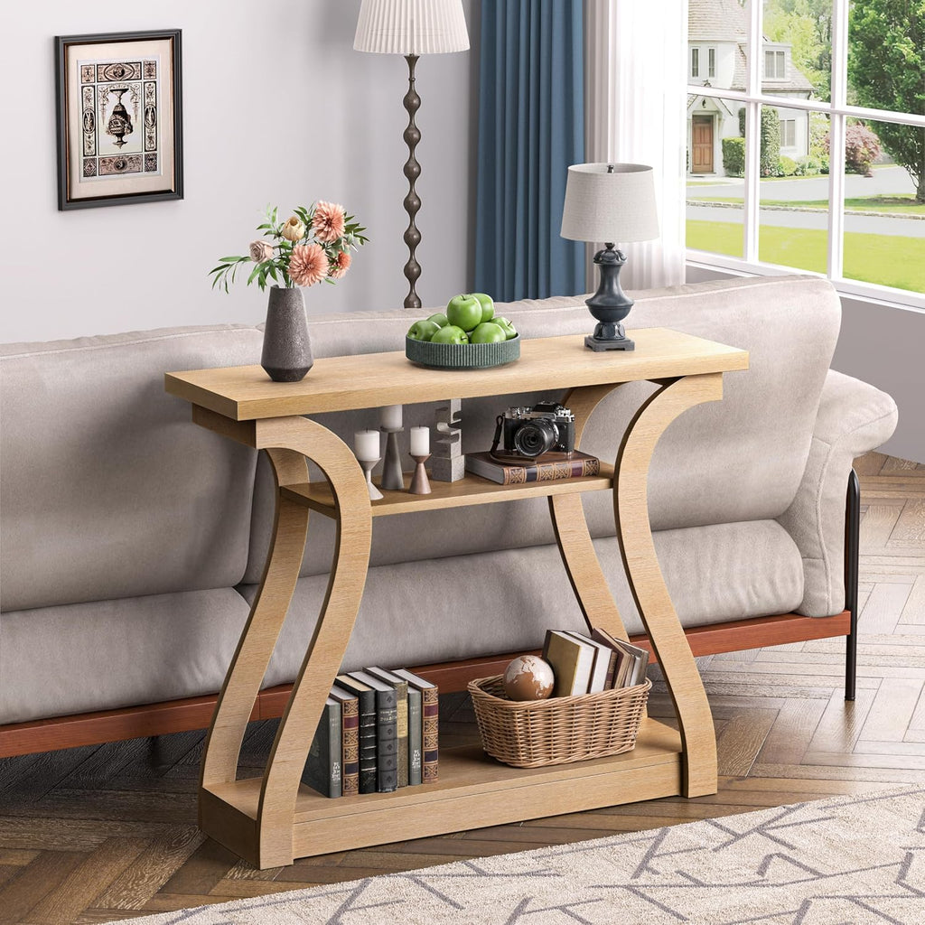 Wooden Console Table with Curved Legs and Shelf, 3-Tier Modern Accent Narrow Sofa Table for Entrance Area, Living Room, Hallway, 47 in Wide Wood Console Table for Entryway (Nature)