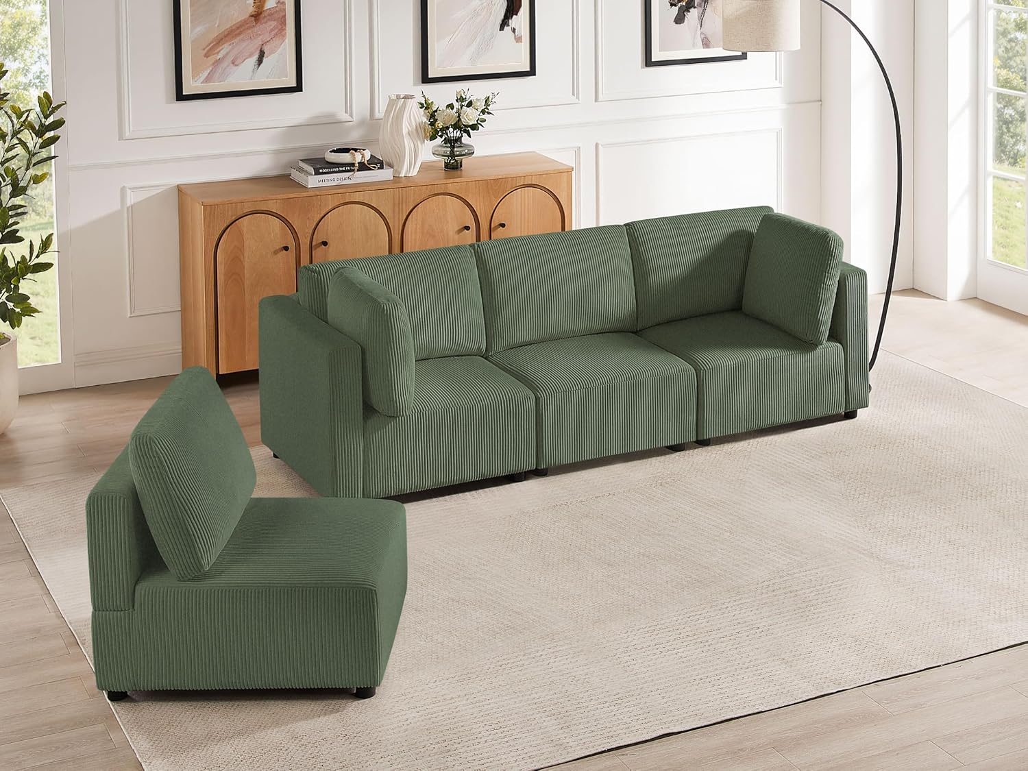 123.6' Modular Sectional Sofa, Corduroy Reversible Small Sectional Sofa Bed with Chaise, 4 Seater Convertible Modular Loveseat Single Sofa Set Free Combination Couch for Living Room Bedroom Apartments