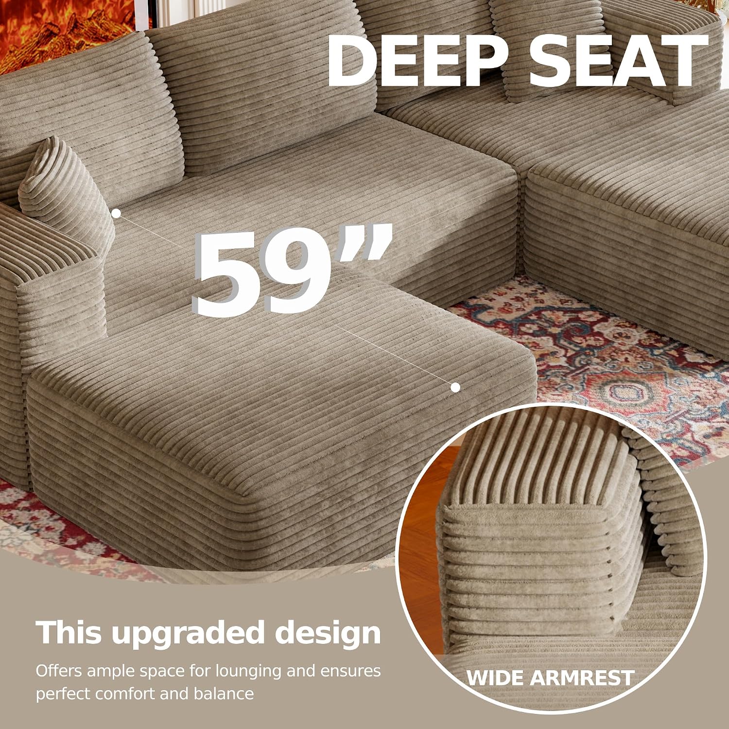 CHORRO107''Sectional Cloud Couch for Livingroom,Modular Corduroy Boneless Couch, U-Shaped Sofa with Chaise and Pillows,4-Deep Seat Sectional Sofa with 2 Ottoman,No Assembly(Camel)