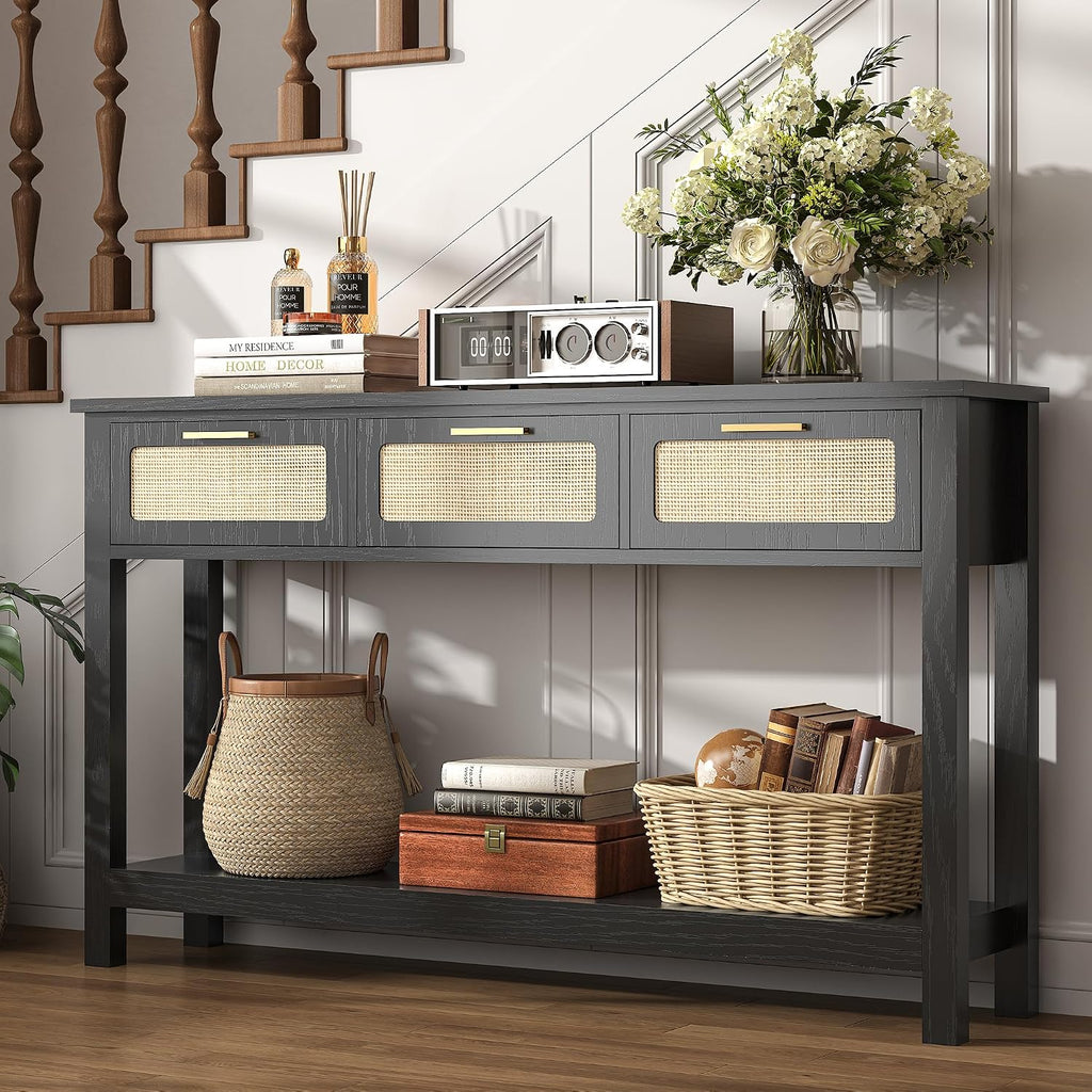 ELYKEN 51.2' Black Console Tables for Entryway, Rattan Entryway Table with 3 Drawer & Shelf, Narrow Long Sofa Table for Behind Couch Hallway, Entrance Entry Living Room