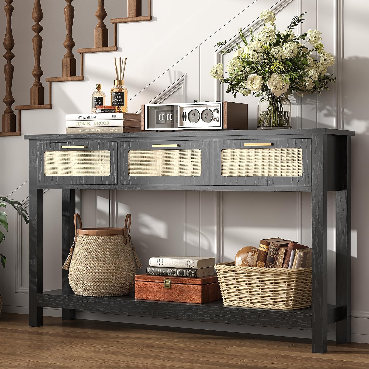 ELYKEN 51.2' Black Console Tables for Entryway, Rattan Entryway Table with 3 Drawer & Shelf, Narrow Long Sofa Table for Behind Couch Hallway, Entrance Entry Living Room