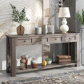 GDFStudio Farmhouse Console Table with 4 Drawer 63' Long Rustic Entryway Table with Open Storage Shelves Vintage Metal Handle Narrow Foyer Sofa Tables for Living Room Entryway Hallway, Gray Wash