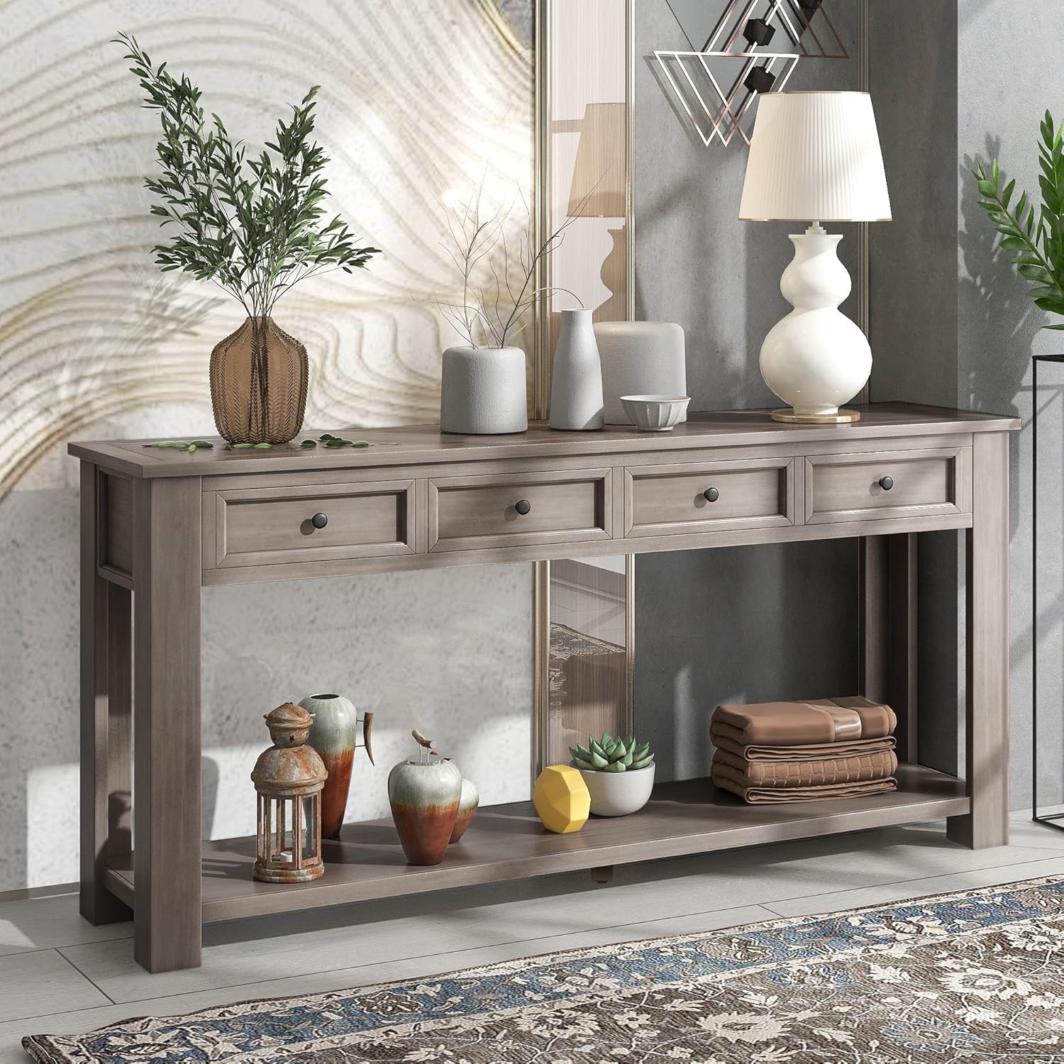 GDFStudio Farmhouse Console Table with 4 Drawer 63' Long Rustic Entryway Table with Open Storage Shelves Vintage Metal Handle Narrow Foyer Sofa Tables for Living Room Entryway Hallway, Gray Wash