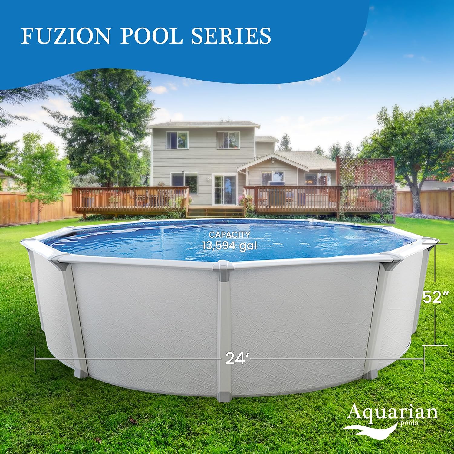 Aquarian Steel-Frame Above-Ground Pool Kit w/Pump & Leaf Skimmer, Fuzion, 24'