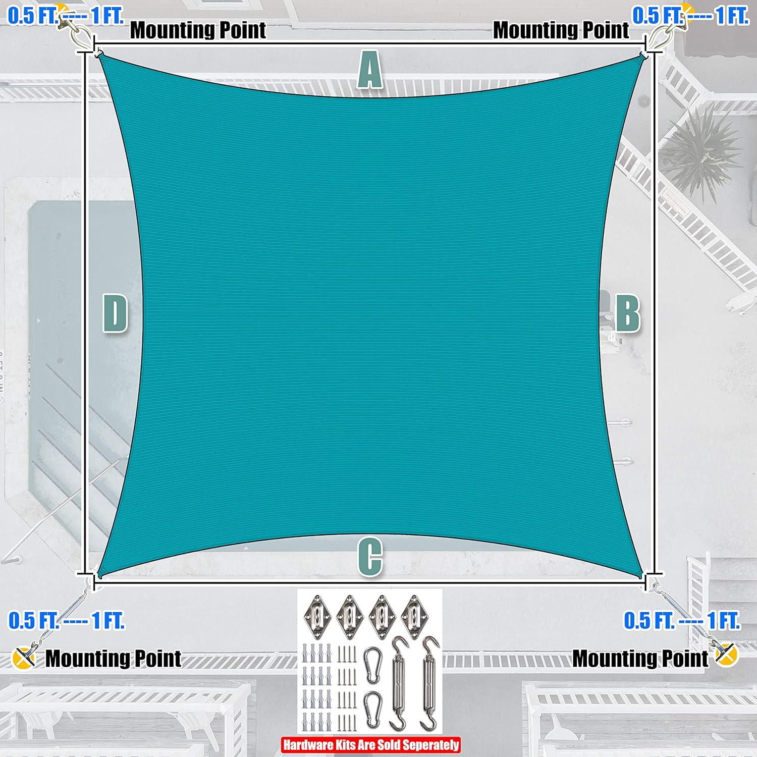 Amgo Custom Size 14' x 20' Turquoise Rectangle Square Sun Shade Sail UPF50+ AGTAPS12, Order to Make Canopy Awning, 95% UV Blockage, Water & Air Permeable, Commercial and Residential (We Customize)