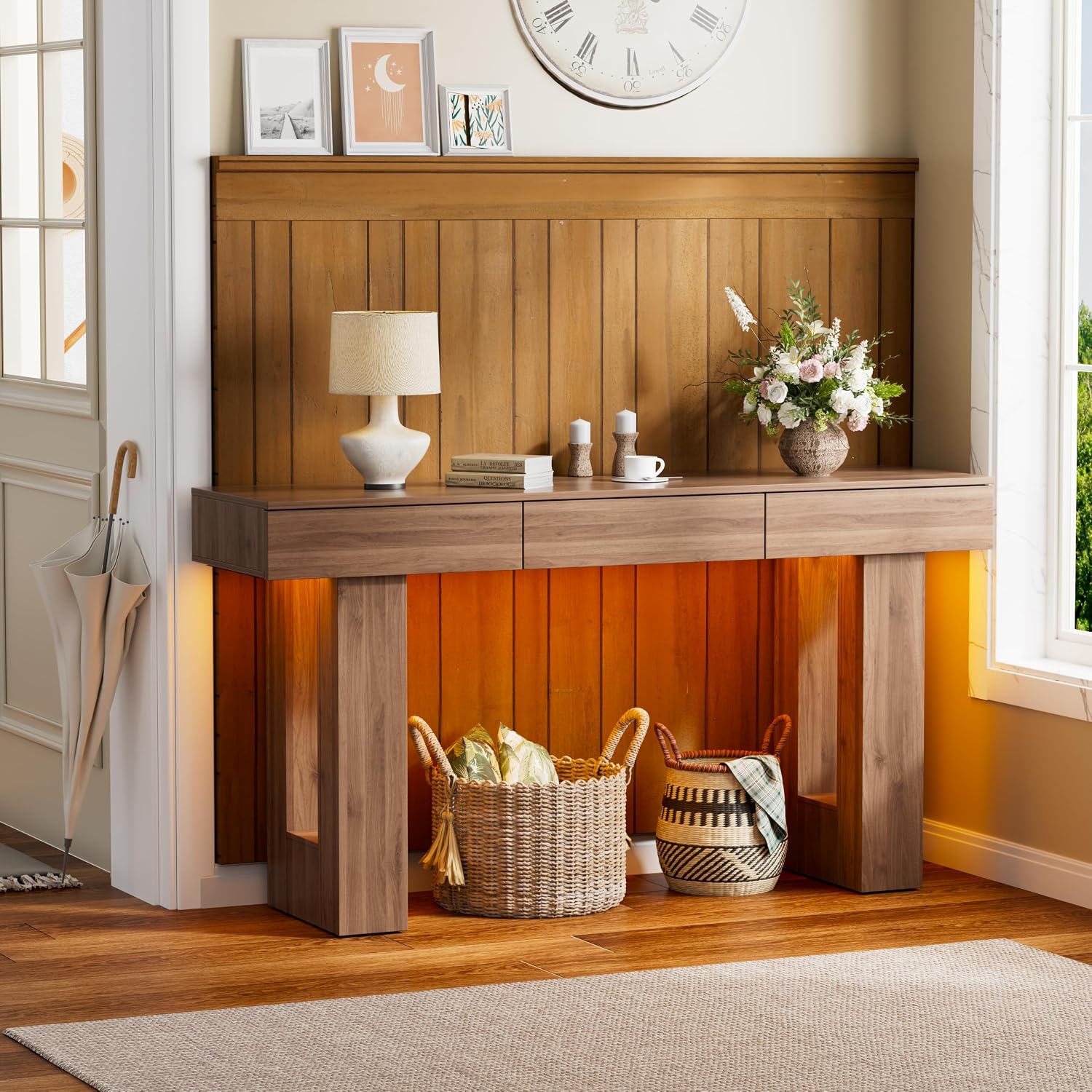 PAKASEPT 63-Inch Long Console Table with Colorful LED Lights and 3 Drawers, Wooden Rectangular Sofa Table Behind The Couch, Farmhouse Entryway Table for Entrance, Hallway, Living Room