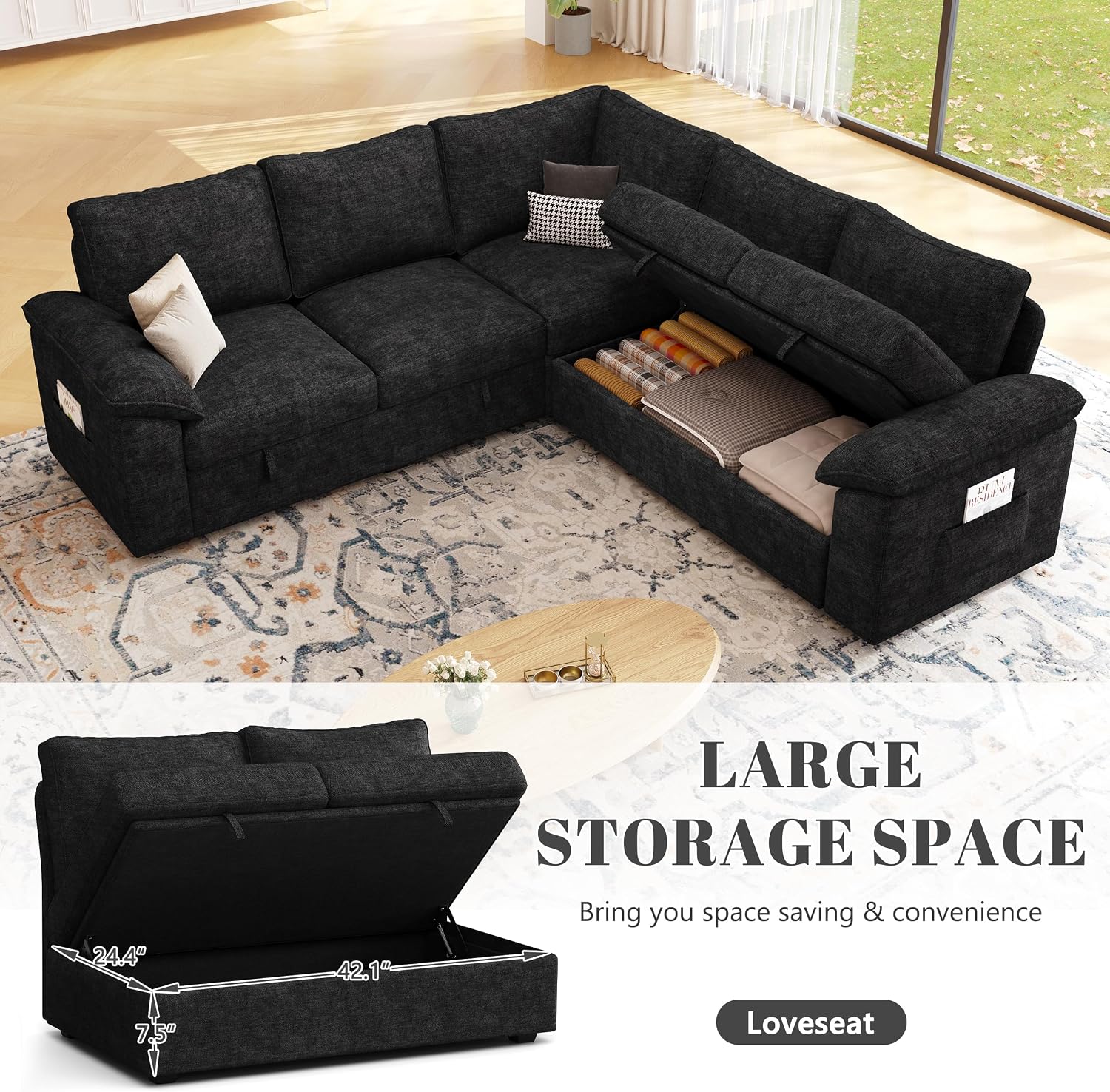 85 Inch Modular Sectional Sofa with Pull Out Bed, L Shaped 5 Seat Sectional Sleeper Sofa with Storage, Sectional Couches for Living Room, Cloud Modular Couch,Removable Sofa Cover, Black