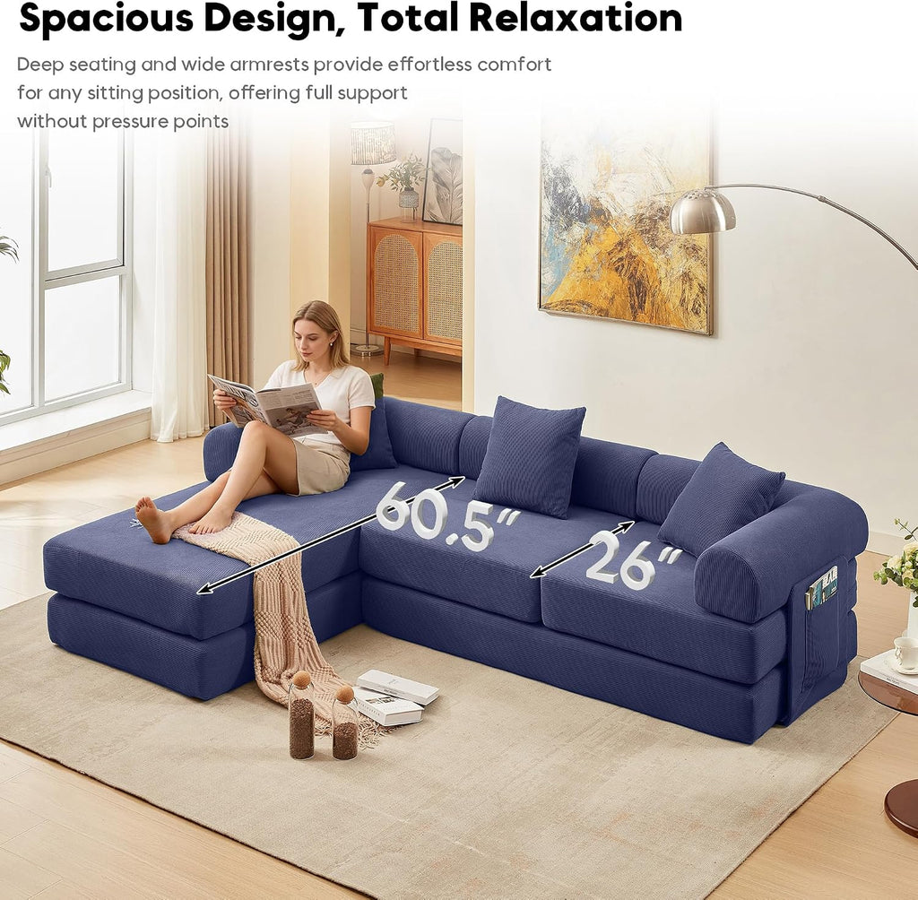 Modular L Shaped Sofa Bed with Cylindrical Pillow & Reversible Chaise, Corduroy Convertible Floor Boneless Sofa Couch Bed with Fixed-Shape Frame & Storage Pocket for Living Room, Blue