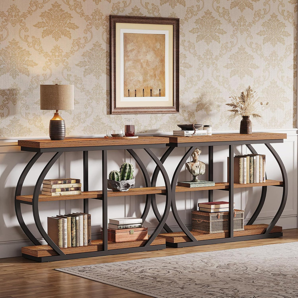 Tribesigns 41.3' Console Table, Industrial 3-Tier Entryway Table with Arched Metal Frame and Storage Shelves for Living Room, Hallway, Mix Brown