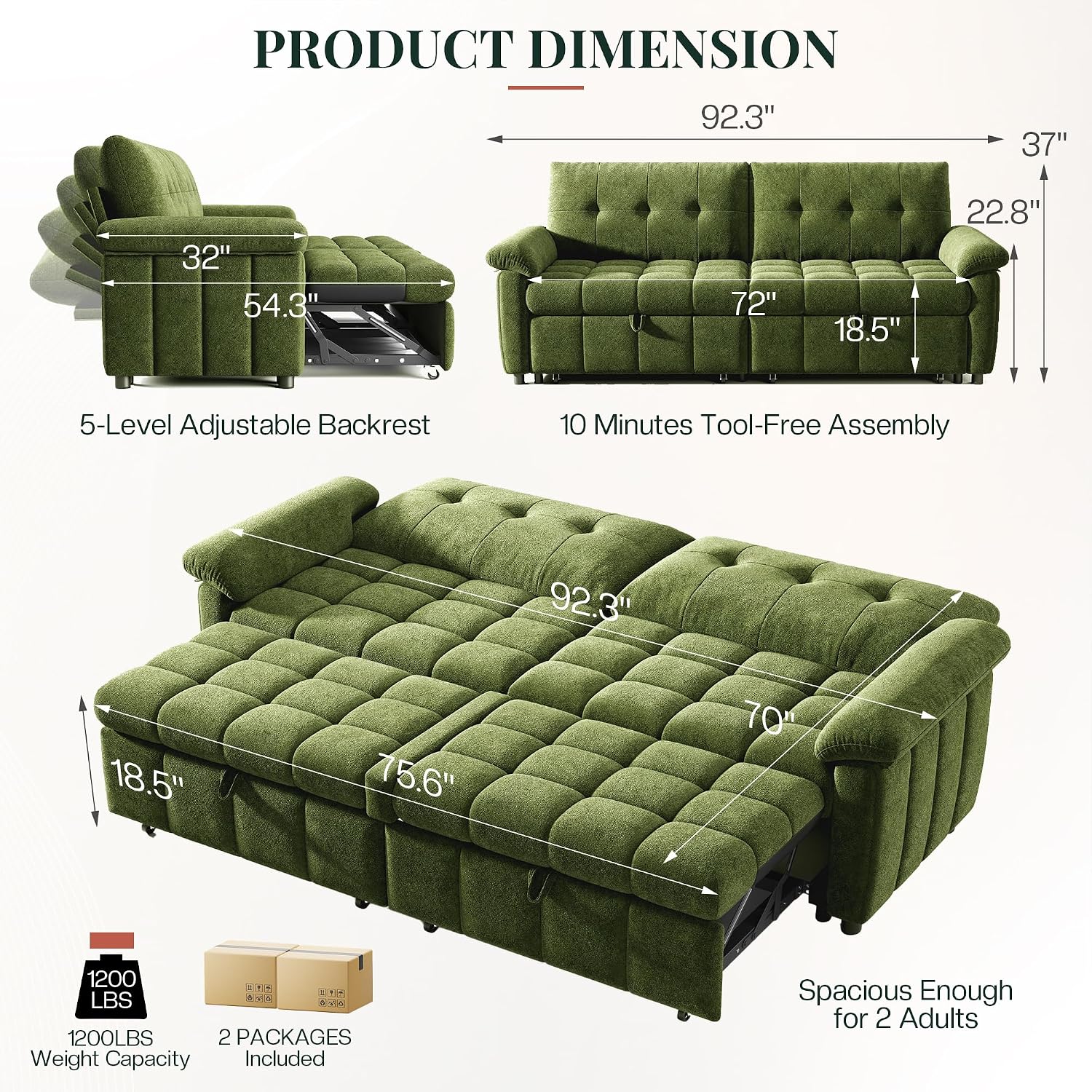 Jocisland 93' 4-in-1 Convertible Sofa Bed, Full Size Cloud Sleeper Sofa, Tufted Chenille, 5-Position Adjustable Backrest, 10-Minute Tool-Free Assembly, Couches for Living Room Guest Room, Green