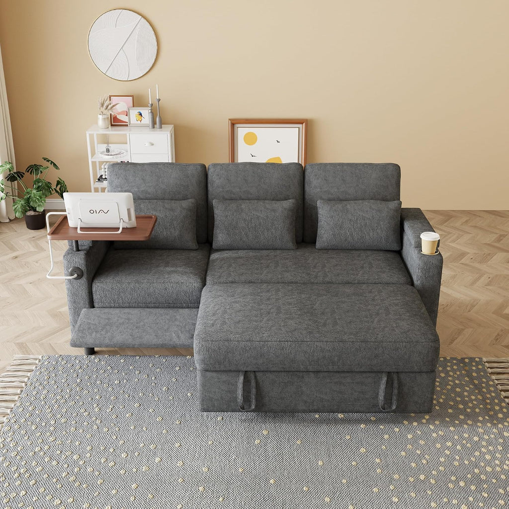 Sectional Sleeper Sofa with Pull Out Couch and Reclining Chair, Modern 3-in-1 Convertible Sleeper Sectional Couch that Turns Into Bed with Cup Holder, Laptop Table and USB Port for Living Room
