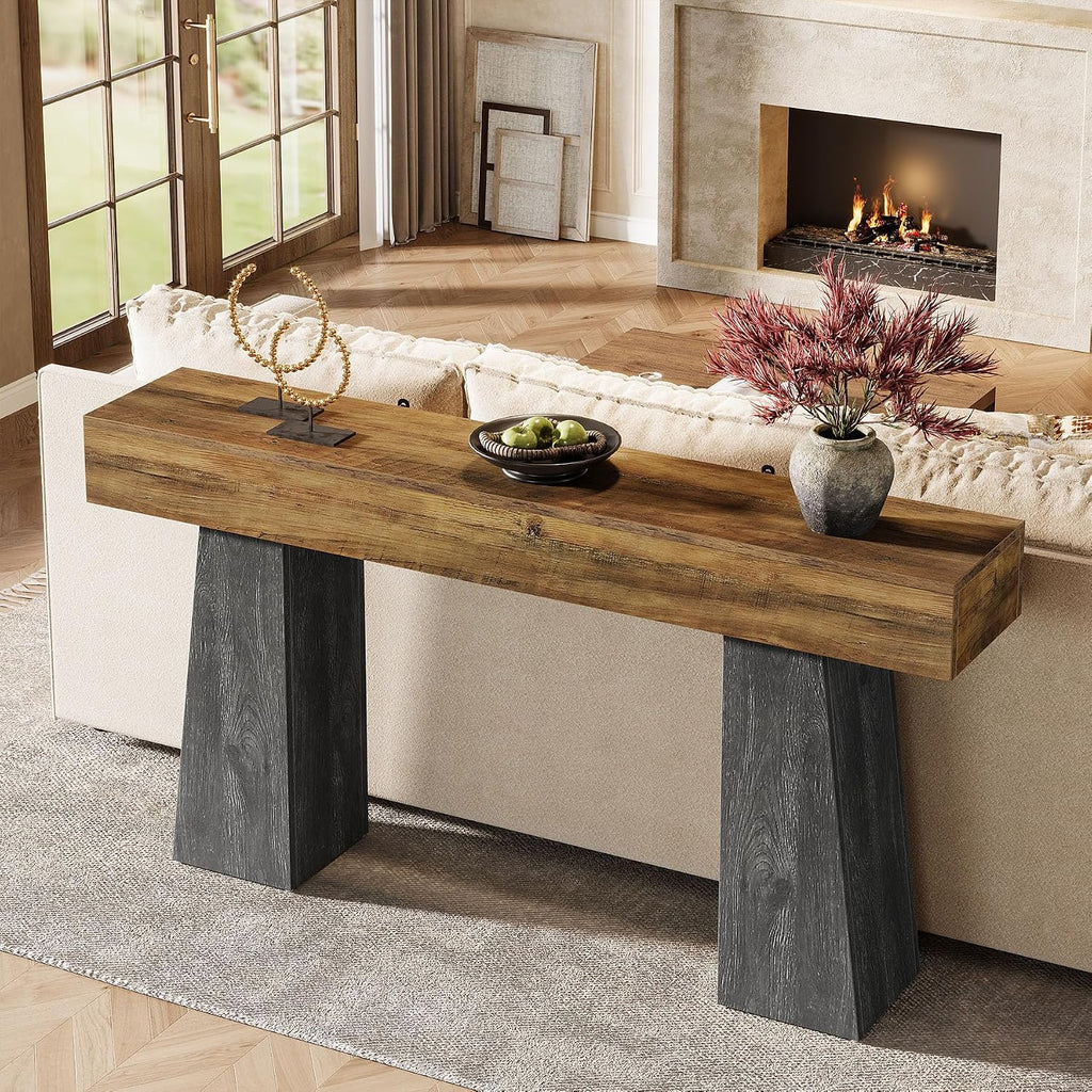 Tribesigns Farmhouse Entryway Table, 63-Inch Long Wooden Sofa Console Table, Rustic Console Behind Couch with Double Trapezoid Bases for Entrance Living Room Hallway