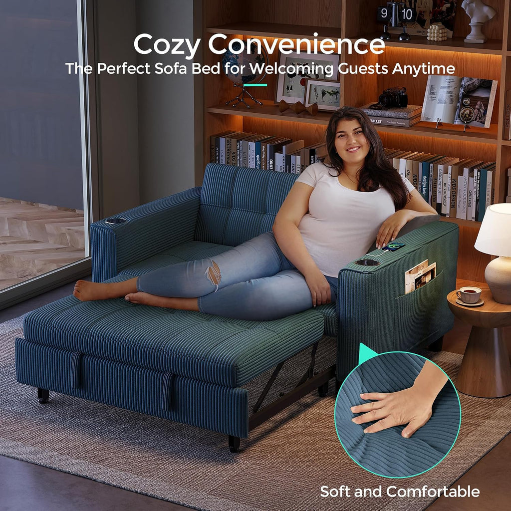 LINSY Sleeper Sofa Bed, 54' Pull Out Couch with Charging Station & Cup Holder, Small 3 in 1 Convertible Loveseat Sleeper Couch for Apartment, Dorm Room, Bedroom and Small Space, Corduroy Blue