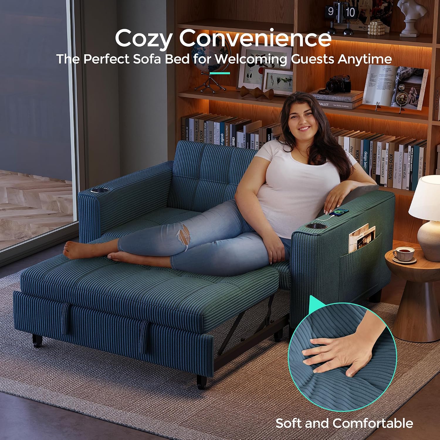 LINSY Sleeper Sofa Bed, 54' Pull Out Couch with Charging Station & Cup Holder, Small 3 in 1 Convertible Loveseat Sleeper Couch for Apartment, Dorm Room, Bedroom and Small Space, Corduroy Blue