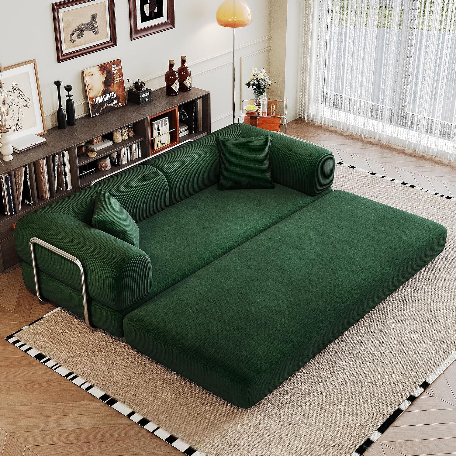79' Convertible Sofa Bed, Corduroy Folding Pull Out Couch with Pillows, No Assembly Modern Boneless Couch Compression Sofa in Box, Floor Sofa with Support Rods for Living Room,Dark Green