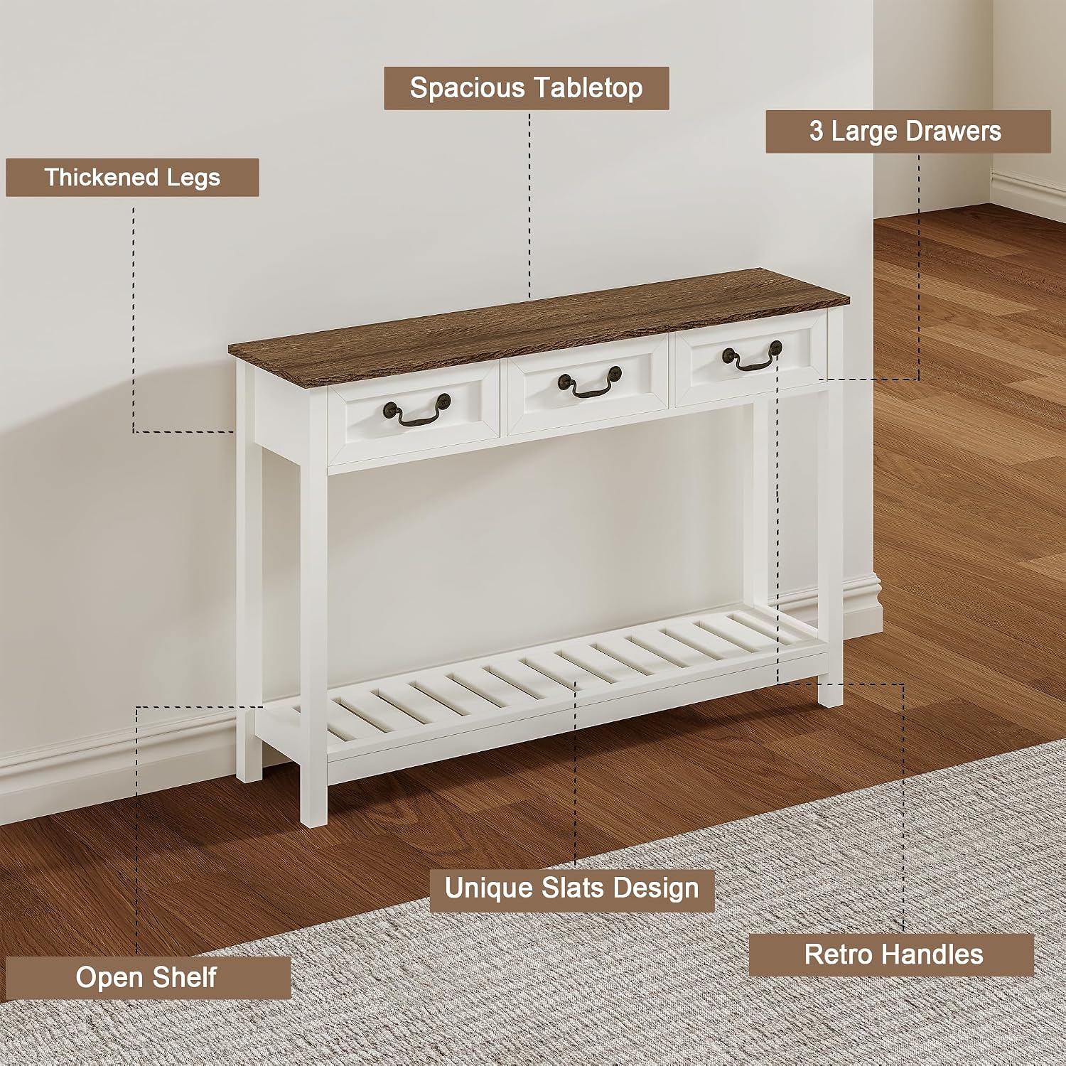ChooChoo 47' Farmhouse Console Table with 3 Drawers, Rustic Entryway Table, Narrow Long Sofa Table for Living Room, Hallway, Behind Couch, Soft White and Brown