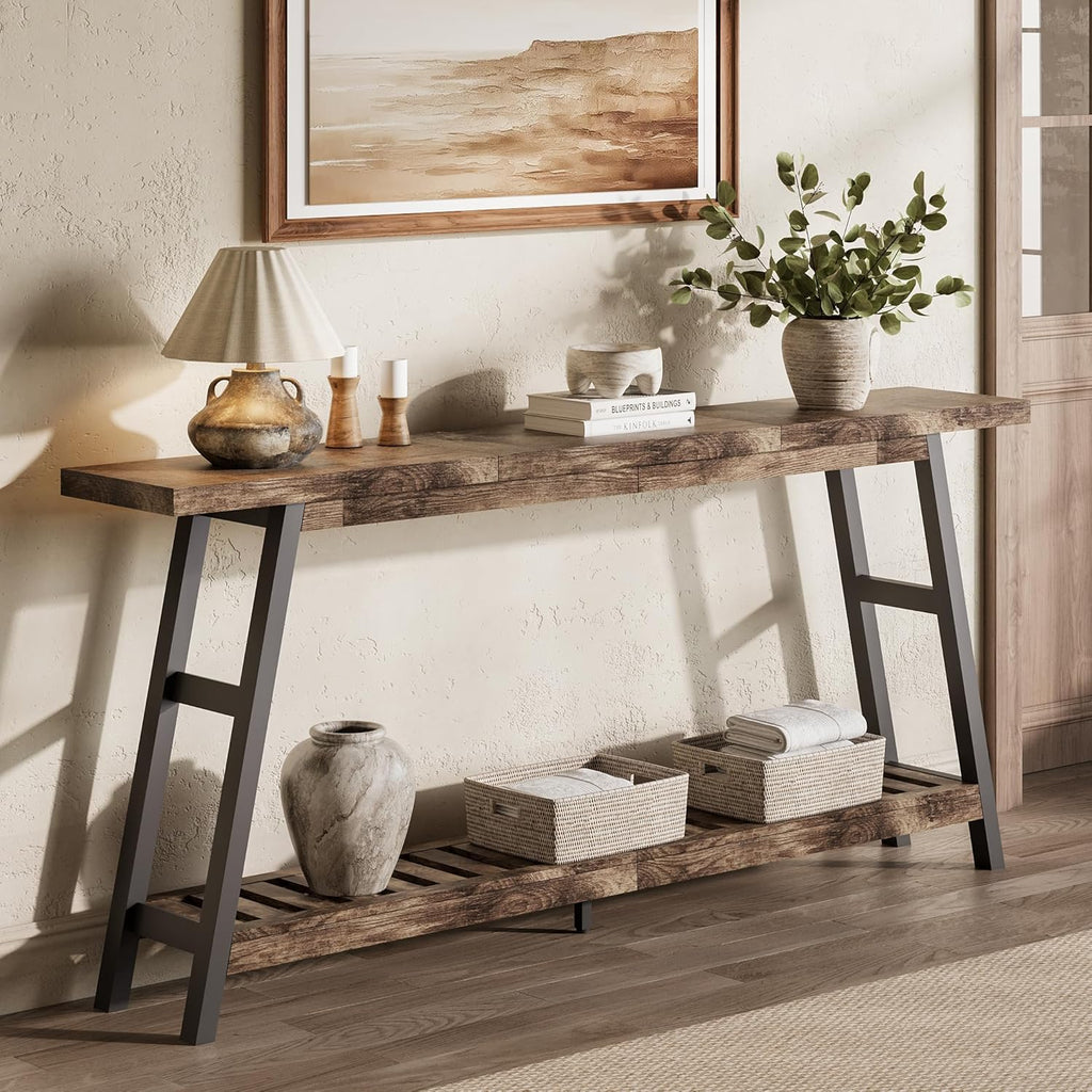 ChooChoo 70.9 Inch Long Console Tables for Entryway, Wood 2-Tier Entry Hallway Table, Narrow Sofa Table Behind Couch Table for Living Room, Entrance, Grey