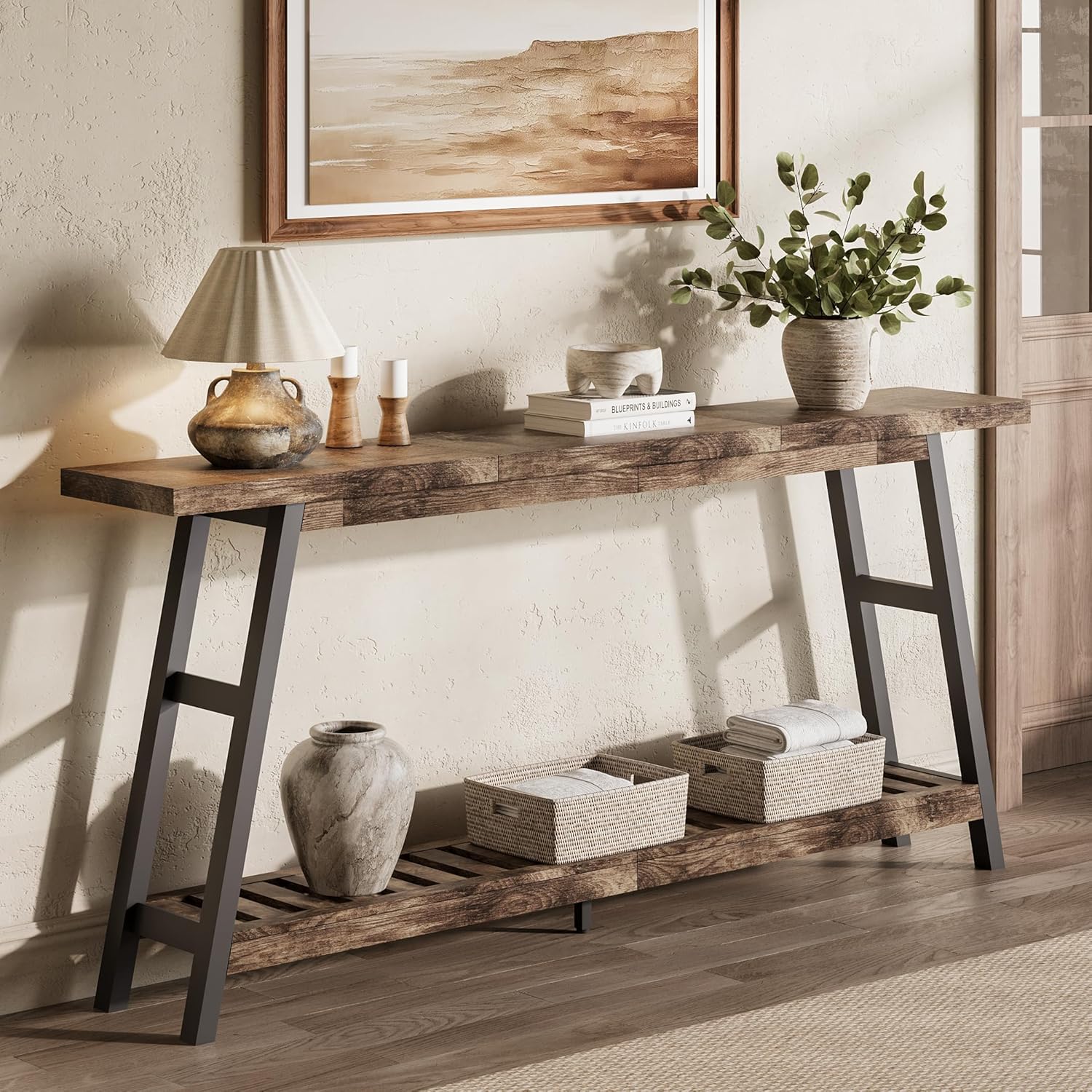 ChooChoo 70.9 Inch Long Console Tables for Entryway, Wood 2-Tier Entry Hallway Table, Narrow Sofa Table Behind Couch Table for Living Room, Entrance, Grey