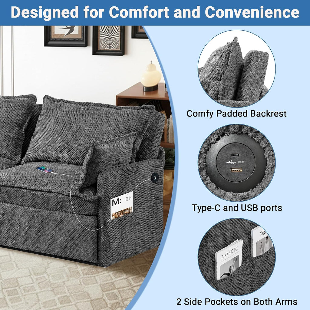 73' Sleeper Sofa Bed, 3-in-1 Pull Out Couch with USB/Type-C Charging & Side Pockets, Convertible Corduroy Loveseat Chaise Lounge, Space-Saving Sofa for Living Room, Grey