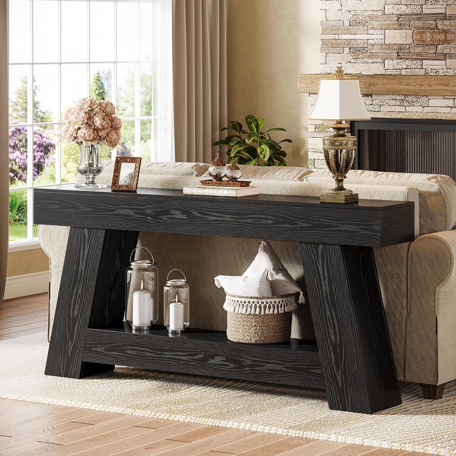 Tribesigns 70.9' Extra Long Console Table, Farmhouse 2-Tier Wooden Sofa Table, Rustic Entryway Tables with Open Storage Shelf for Entrance, Hallway, Living Room (Black)
