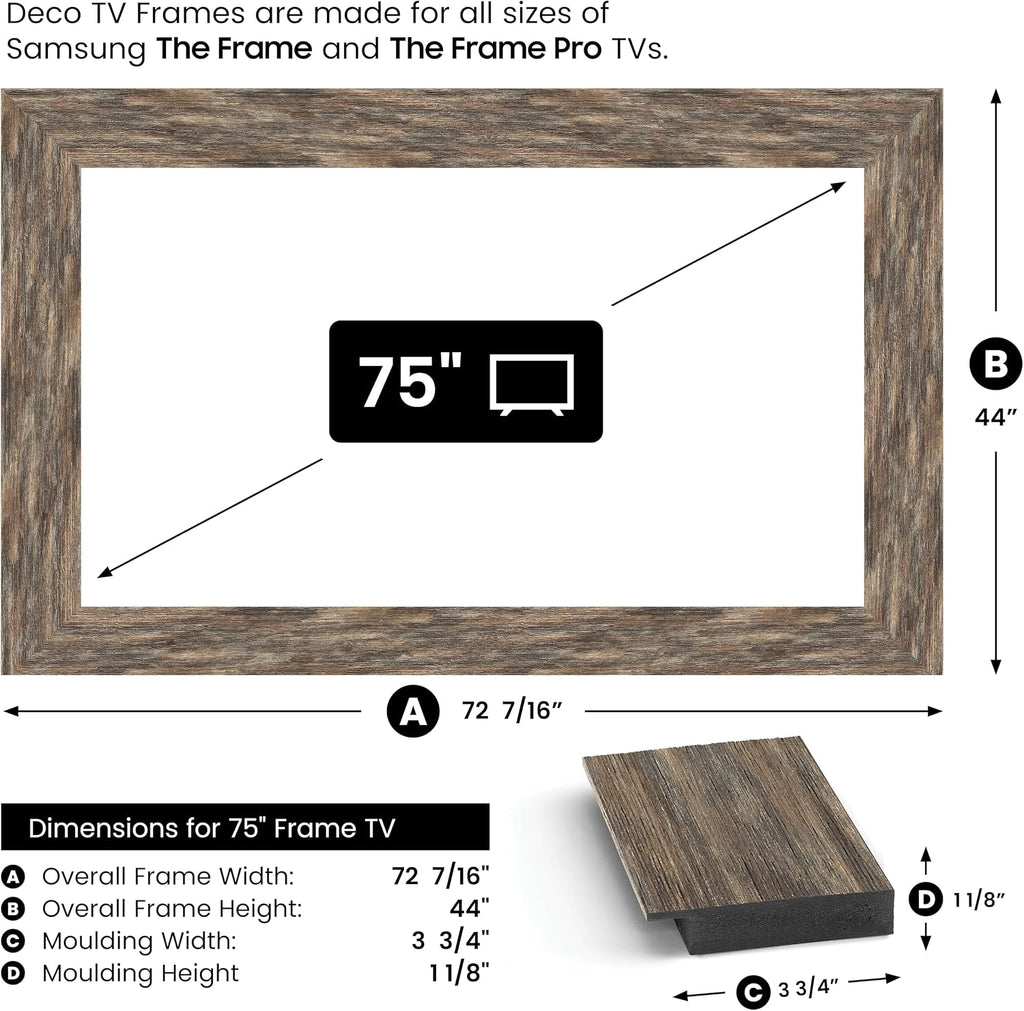 Distressed Barnwood 75' Premiere Deco TV Frame - Compatible ONLY with Samsung The Frame TV and Pro TVs (Fits 2021-2026, LS03A, LS03B, LS03C, LS03D, LS03FA, LS03FW)