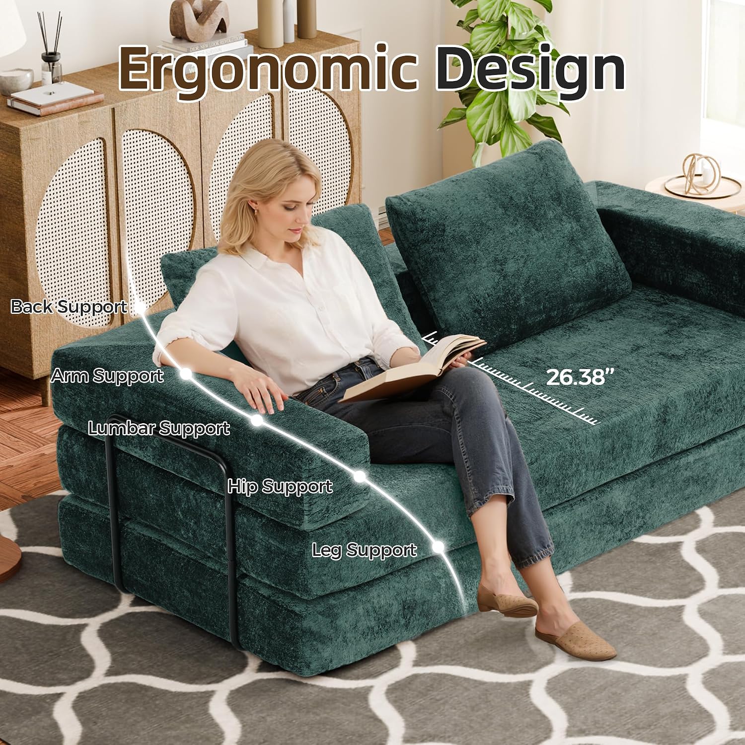 Convertible Sofa Bed, 4-in-1 DIY Combination Modular Couch with Pillows, Comfy Boneless Sleeper Sofa Bed with Fixed-Shape Frame, Chenille Convertible Lounge Couch for Living Room, Green