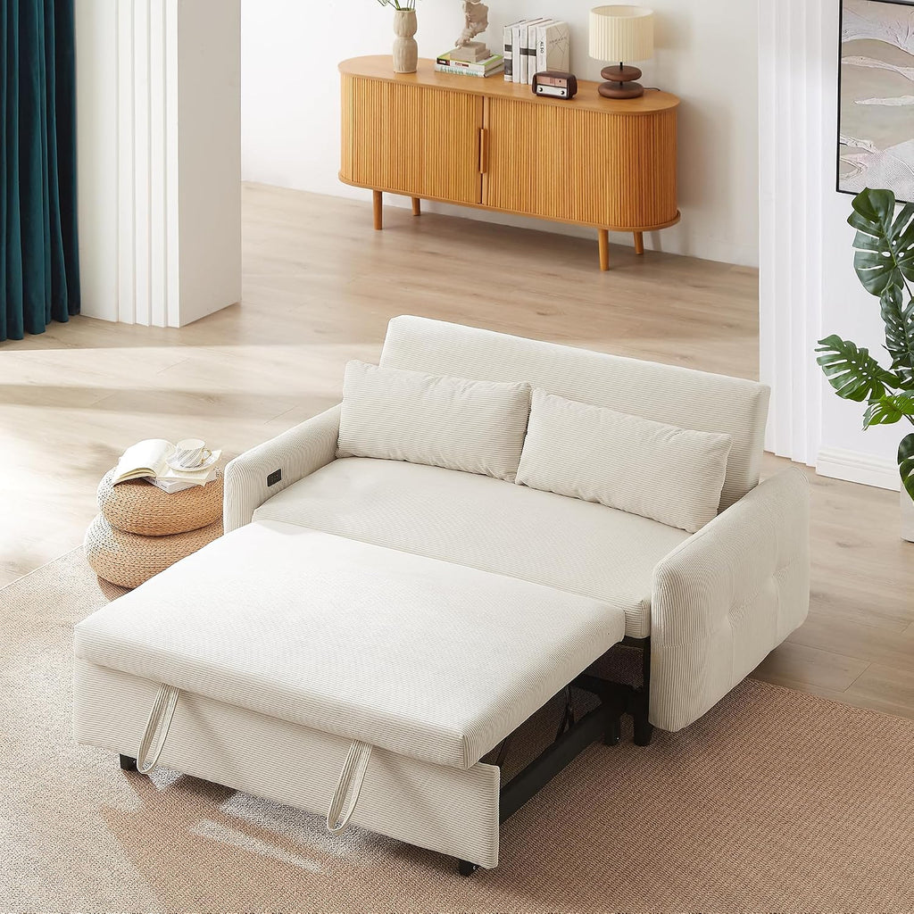 Merax 57.48' Pull-Out Sofa Bed Convertible Couch,2 Seat Loveseat Sofa with 3 Levels Adjustable Backrest,USB Ports and Two Throw Pillows,Modern Corduroy Sleeper Sofa for Living Room(Beige)
