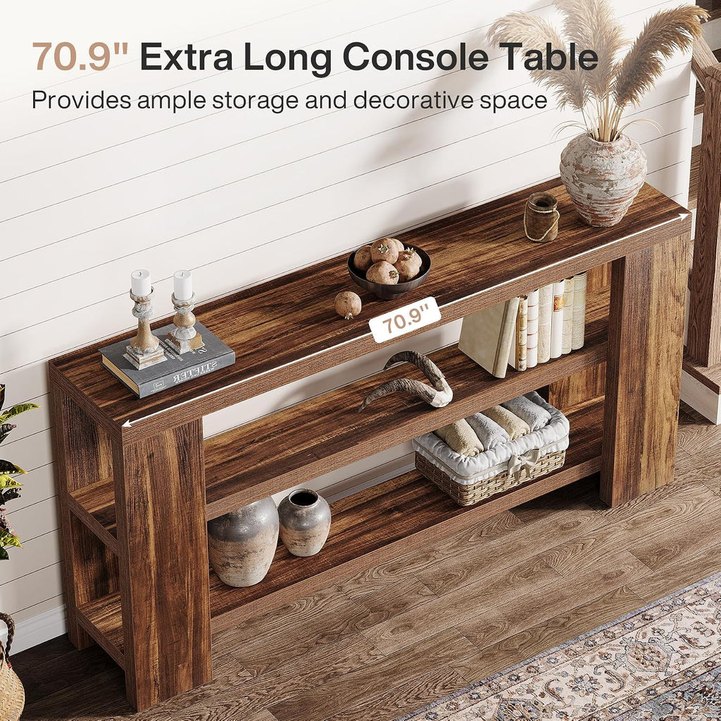 Tribesigns 70.9-Inch Extra Long Console Table with Storage, Narrow Wooden Sofa Table Behind The Couch, Farmhouse 3-Tier Entry Foyer Table for Entryway, Living Room, Hallway, Brown