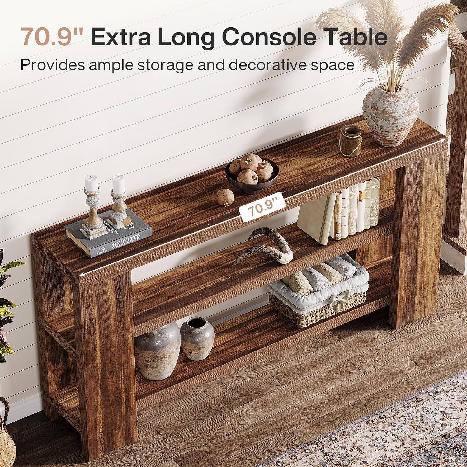 Tribesigns 70.9-Inch Extra Long Console Table with Storage, Narrow Wooden Sofa Table Behind The Couch, Farmhouse 3-Tier Entry Foyer Table for Entryway, Living Room, Hallway, Brown