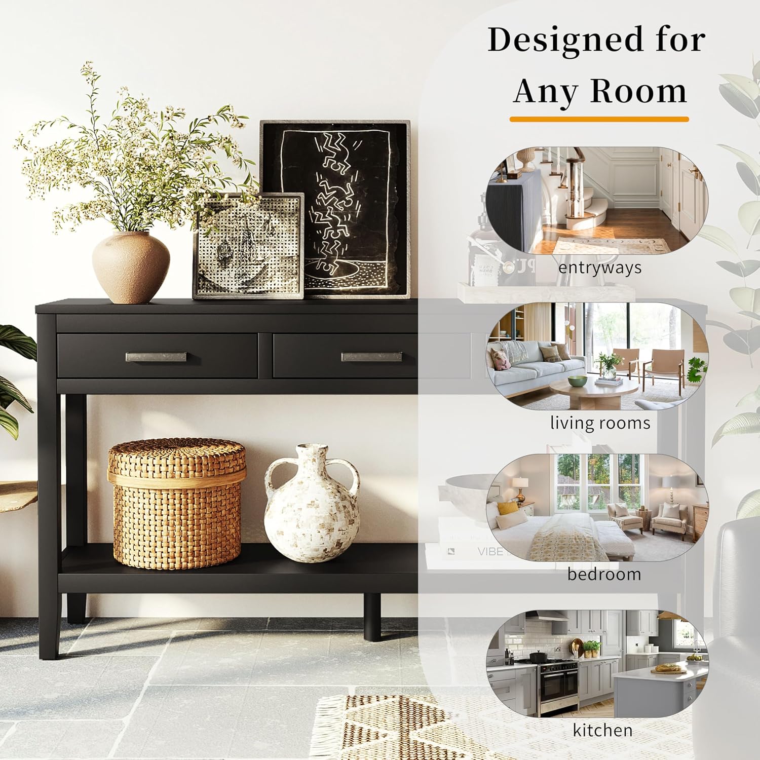 Merax Entryway Console Table, with 3 Storage Drawers, Bottom Shelf Design/Wood Frame/Behind Couch & Sofa, Black