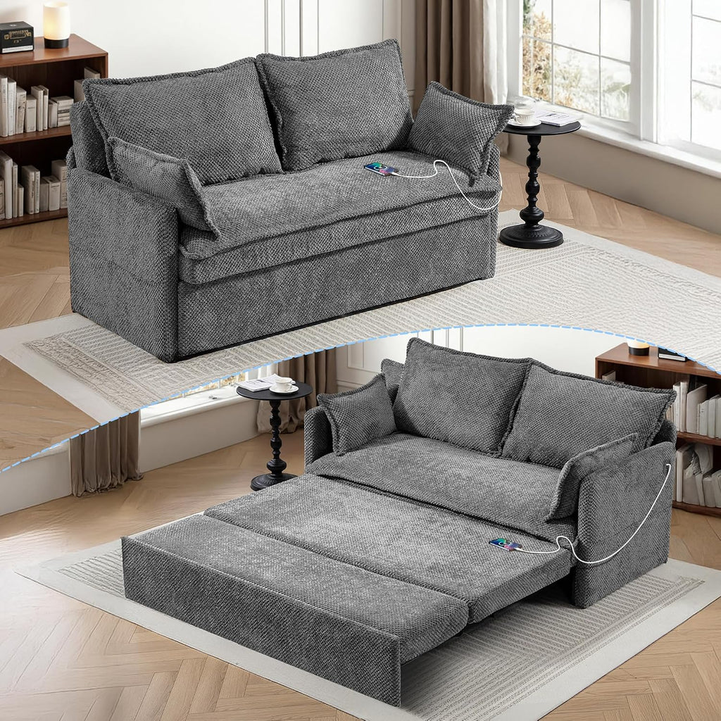 60' Sleeper Sofa Bed, 2-in-1 Pull Out Couch with USB/Type-C Charging & Side Pockets, Convertible Corduroy Loveseat Chaise Lounge, Space-Saving Sofa for Living Room, Grey
