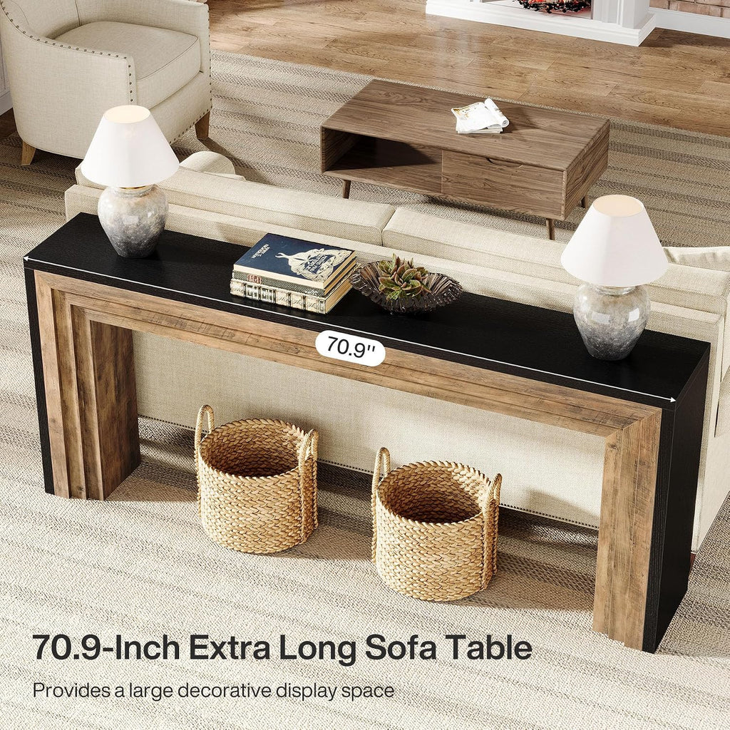 Tribesigns 70.9-Inch Long Console Table, Farmhouse Narrow Wooden Sofa Table Behind The Couch for Living Room, Entryway, Hallway, Foyer, Black + Brown