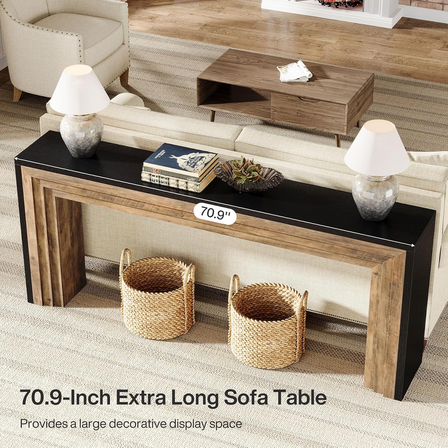 Tribesigns 70.9-Inch Long Console Table, Farmhouse Narrow Wooden Sofa Table Behind The Couch for Living Room, Entryway, Hallway, Foyer, Black + Brown