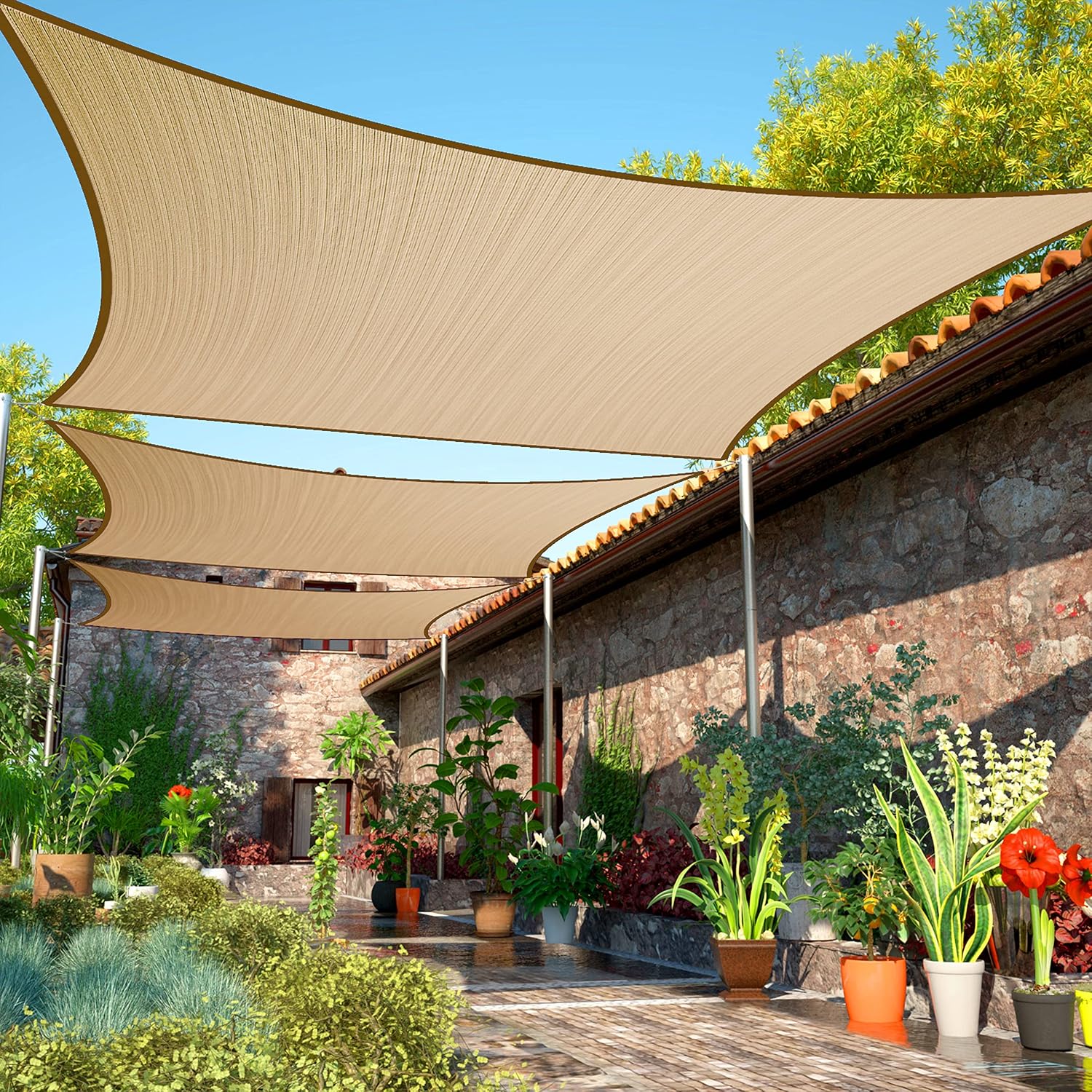 ShadeMart 14' x 20' Sand Beige Sun Shade Sail UPF50 Rectangle smTAPR0816 Canopy Fabric Cloth Screen, Water and Air Permeable & UV Resistant, Heavy Duty, Carport Patio Outdoor - We Customize Size