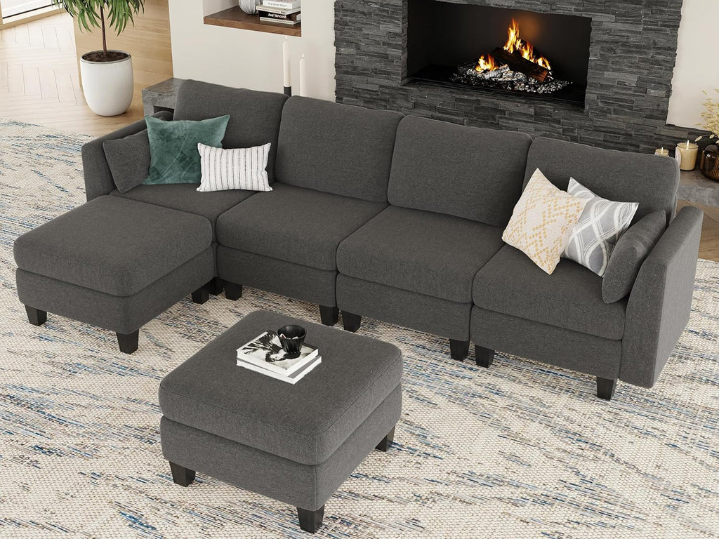 Modular Sectional Sofa, 6 Seaters Modular Sleeper Sofa Couch, Comfy Sectionals Couches Bed, Convertible Sofas with Ottomans, Sectional Couches for Living Room, Dark Grey
