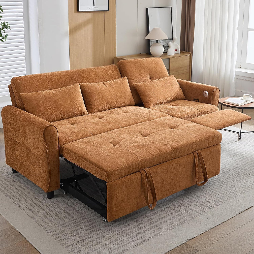 Merax 2-in-1 Convertible Sofa Bed & Recliner Sofa, 82' 3-Seater Sofa, Pull-Out Sleeper Sofa, 3 Level Adjustable Backrest, Reversible Left/Right, with USB Charging Ports, Easy to Assemble (Orange)