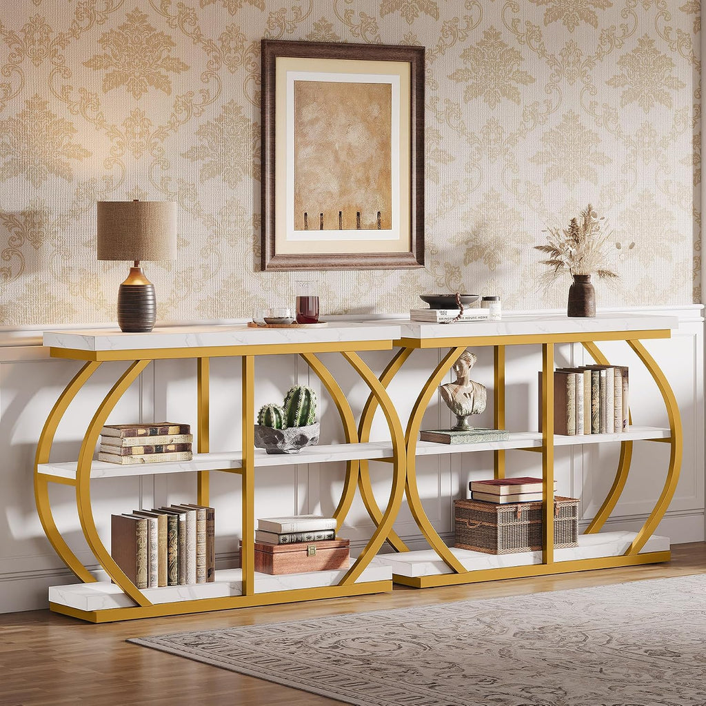 Tribesigns 41.3' Console Table, Industrial 3-Tier Entryway Table with Arched Metal Frame and Storage Shelves for Living Room, Hallway, White Gold
