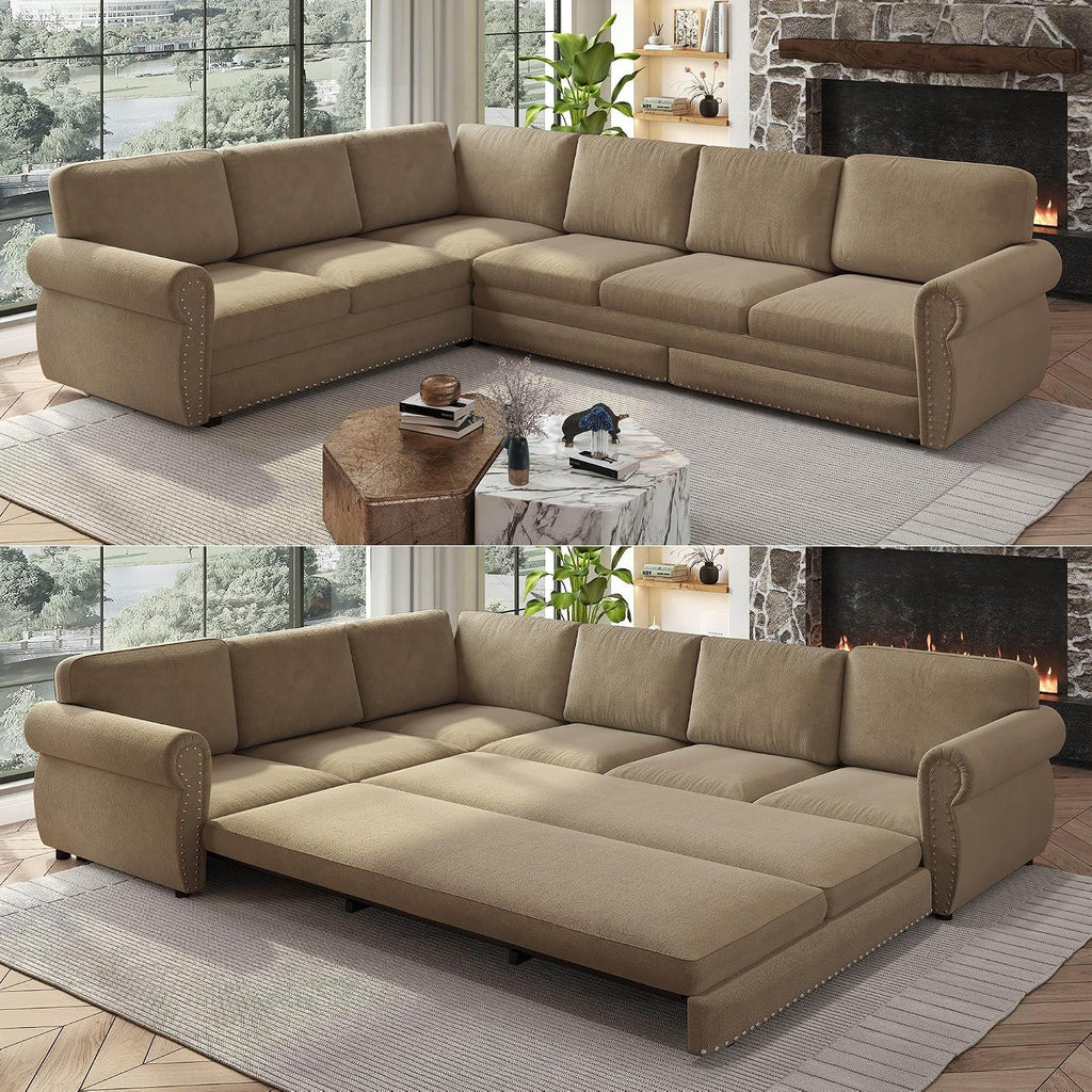 118'' Pull Out Couch, Convertible Sleeper Sofa Bed, Upholstered Sectional Sofa, Chenille L-Shaped Couch with Nailhead Trim, 6-Seater Modern Sectional Couches for Living Room,Bedroom, Camel
