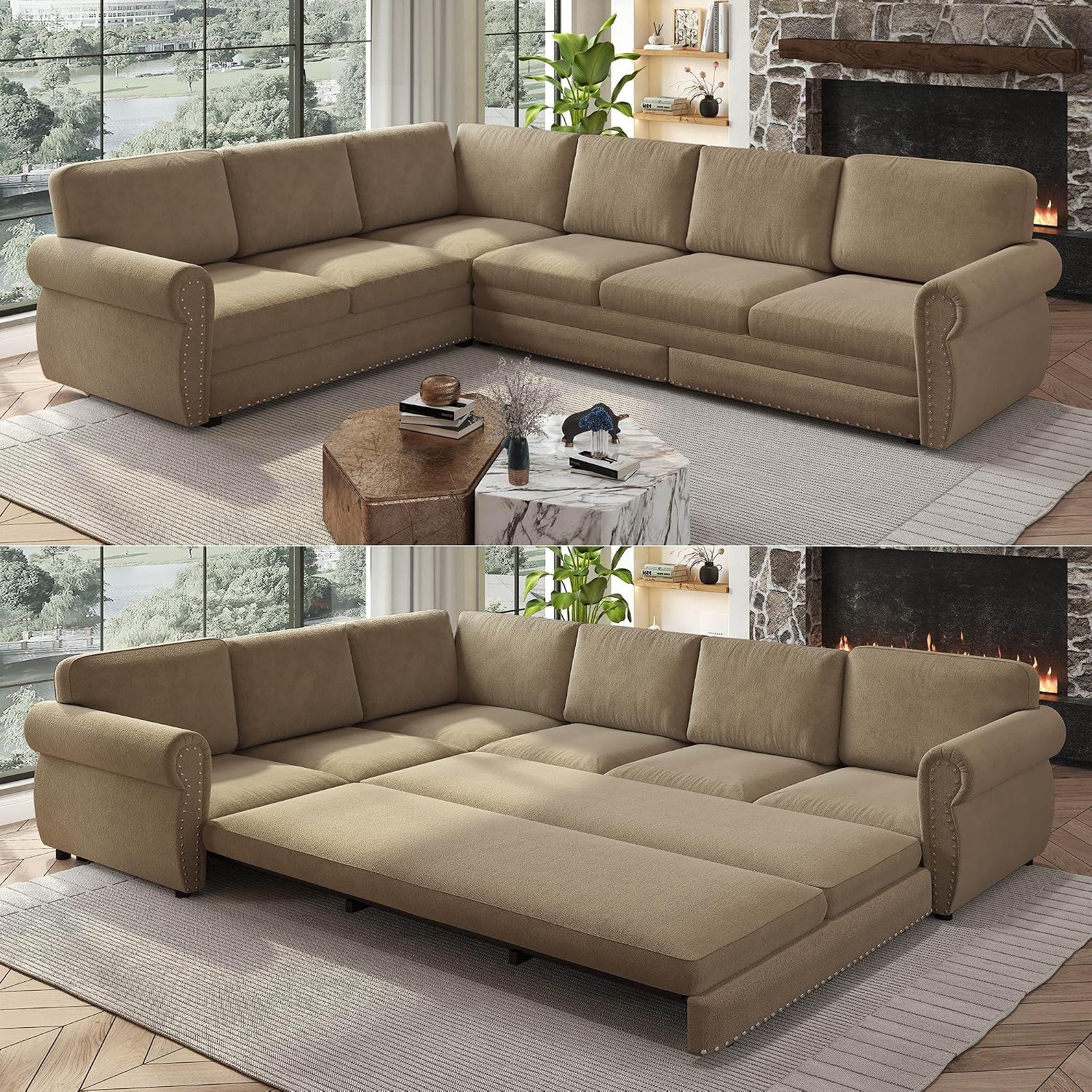 118'' Pull Out Couch, Convertible Sleeper Sofa Bed, Upholstered Sectional Sofa, Chenille L-Shaped Couch with Nailhead Trim, 6-Seater Modern Sectional Couches for Living Room,Bedroom, Camel