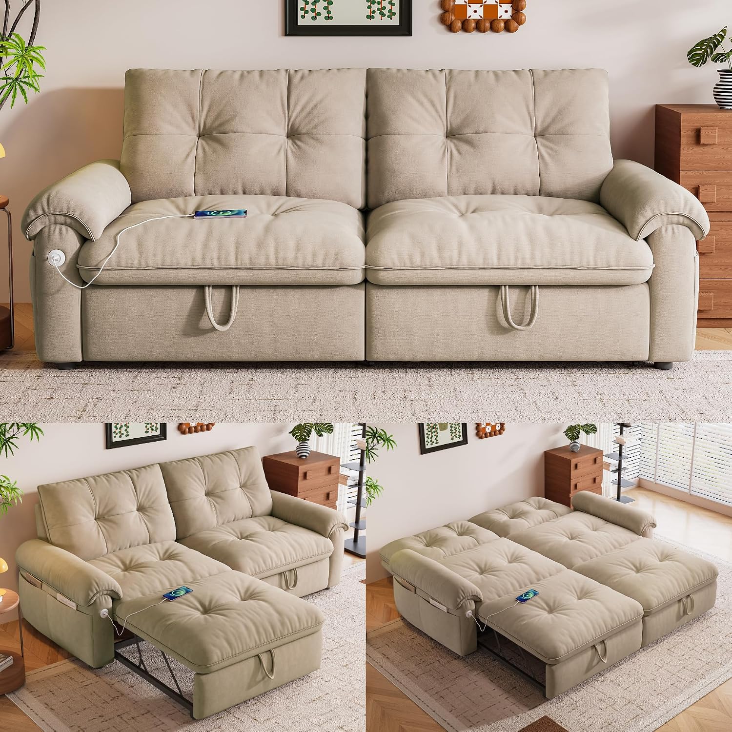 77' Queen Size Sleeper Sofa Bed, Convertible Pull Out Couch with Velvet Fabric, 3-in-1 Loveseat L Shaped Couch Bed with Adjustable Backrest, Side Pocket & USB Ports for Living Room Apartment
