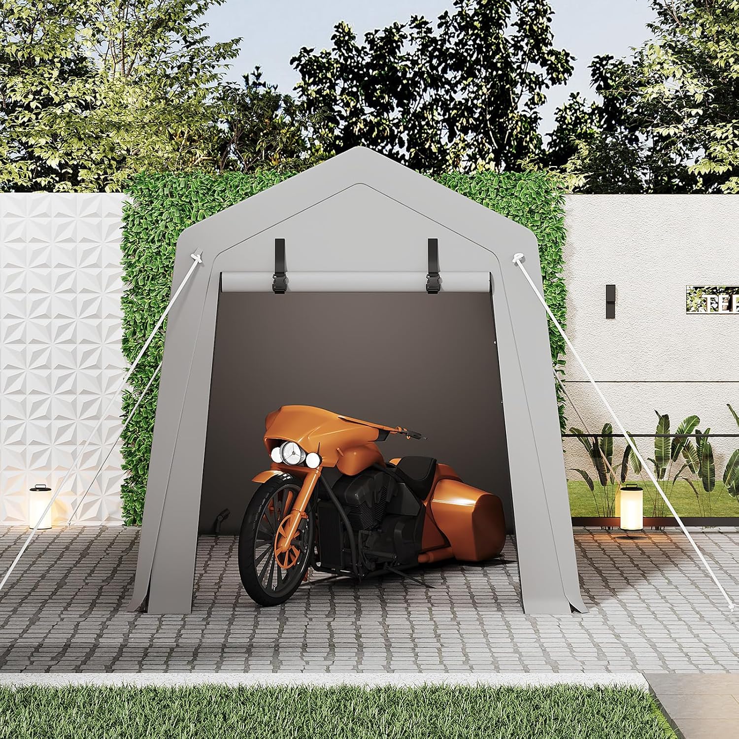 Portable Carport Storage Shed, 6' x 6' Motorcycle Tent, Waterproof & UV-Resistant with Roll-Up Zipper Doors, Gray Outdoor Shelter for Bikes, Tools & Equipment